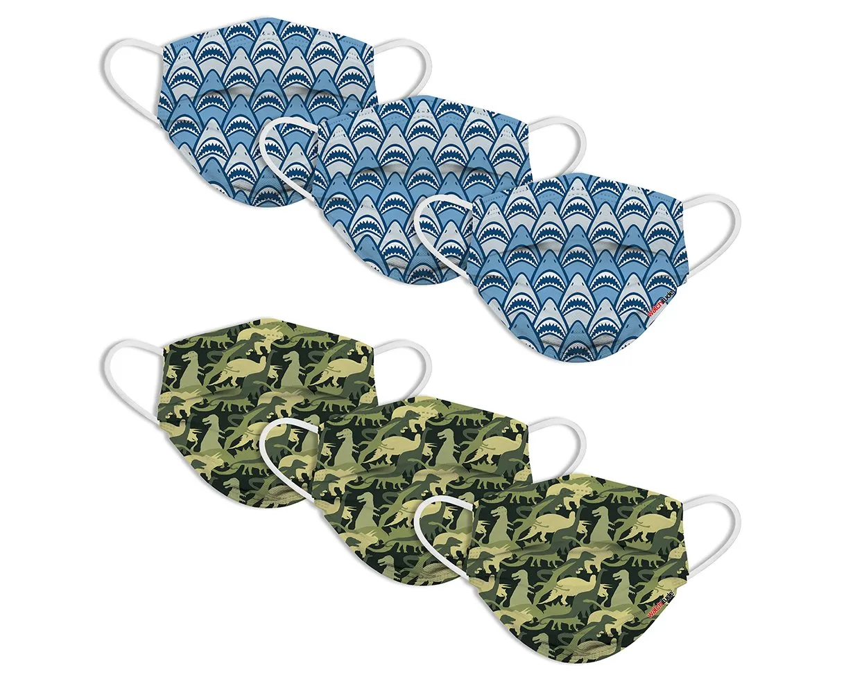 6 Pack Disposable Kids Masks - Dino Camo & Shark Frenzy