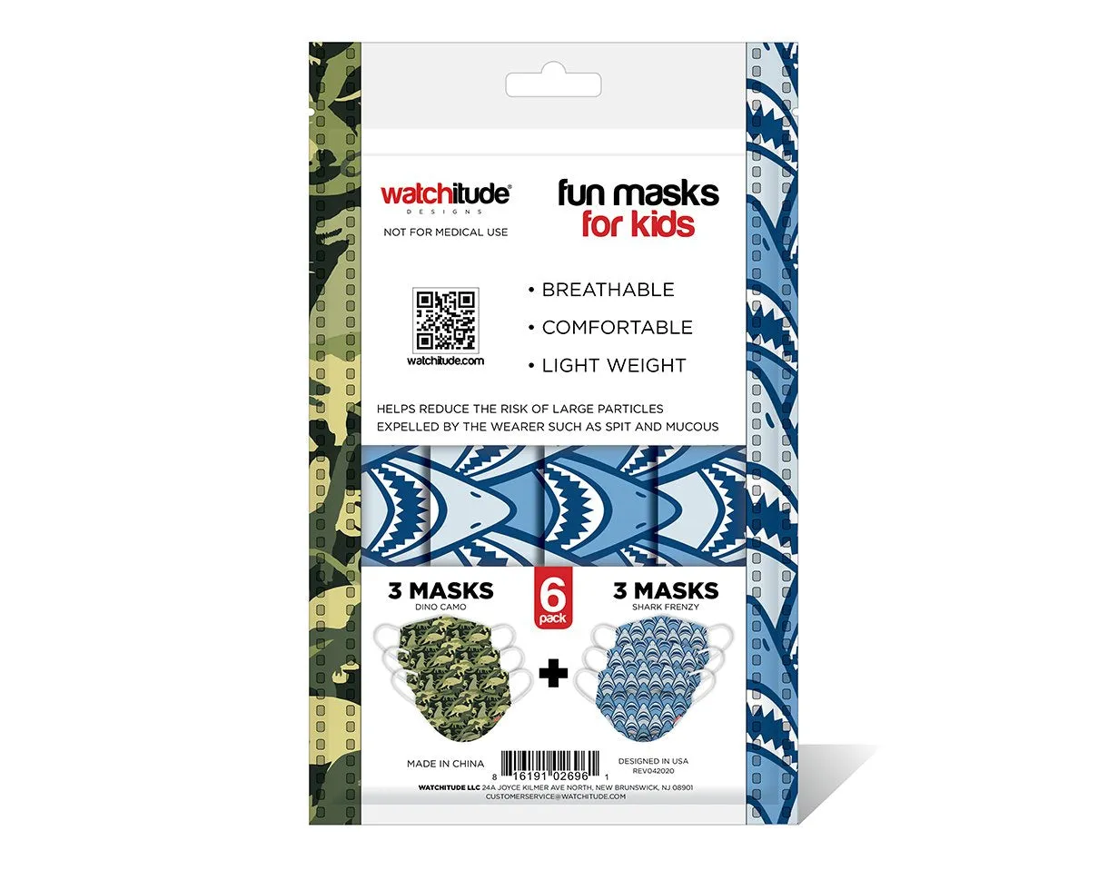 6 Pack Disposable Kids Masks - Dino Camo & Shark Frenzy