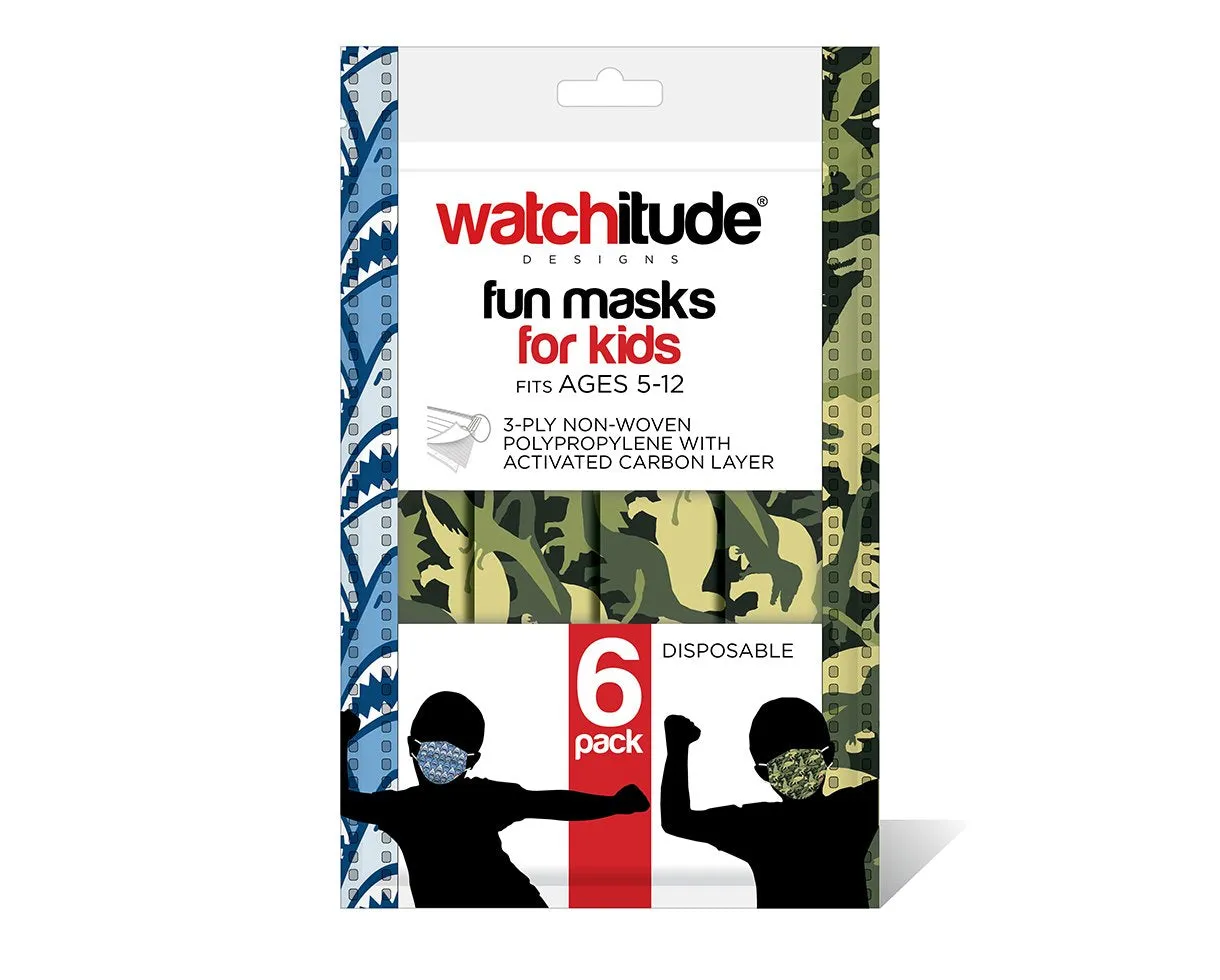 6 Pack Disposable Kids Masks - Dino Camo & Shark Frenzy