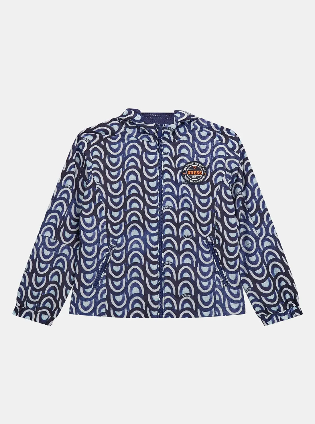 Blue Floral Tile Print Hooded Windbreaker (7-16) Guess