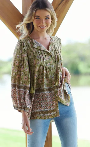Jaase Aries Top Blouse with Neck Tie Button Front - Sofias