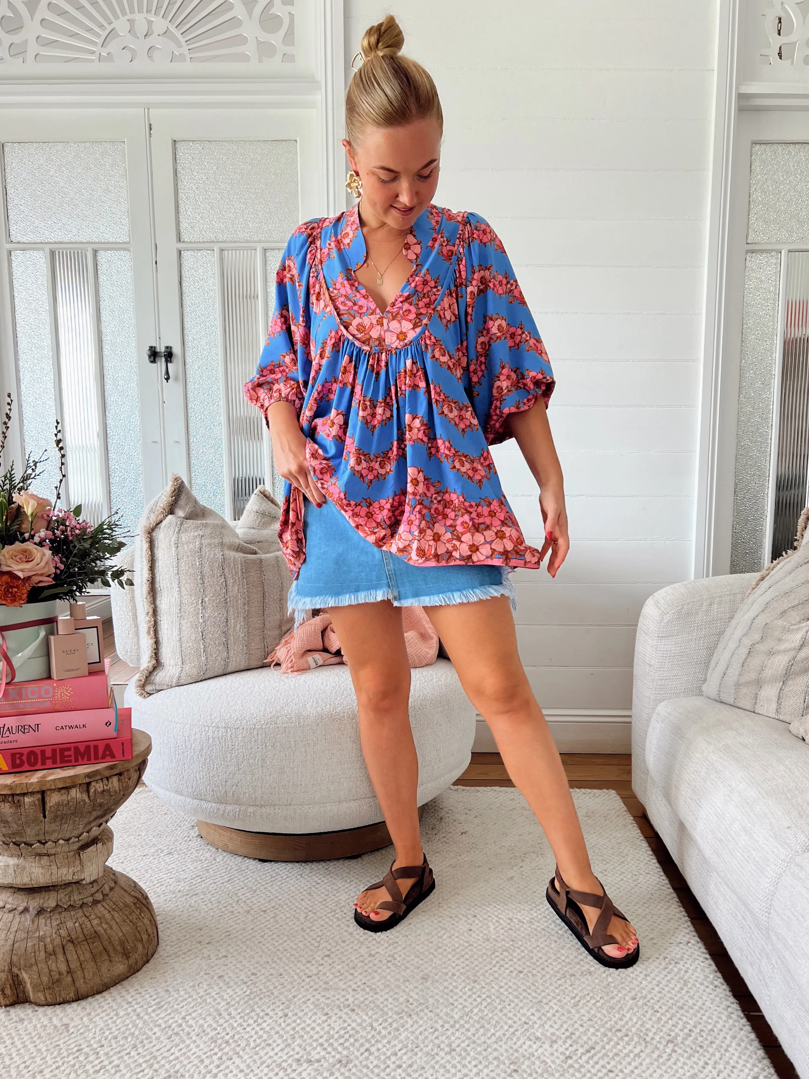 Jaase Boheme Blouse Top with Mandarin Collar V Neck Pockets - Little Flowers