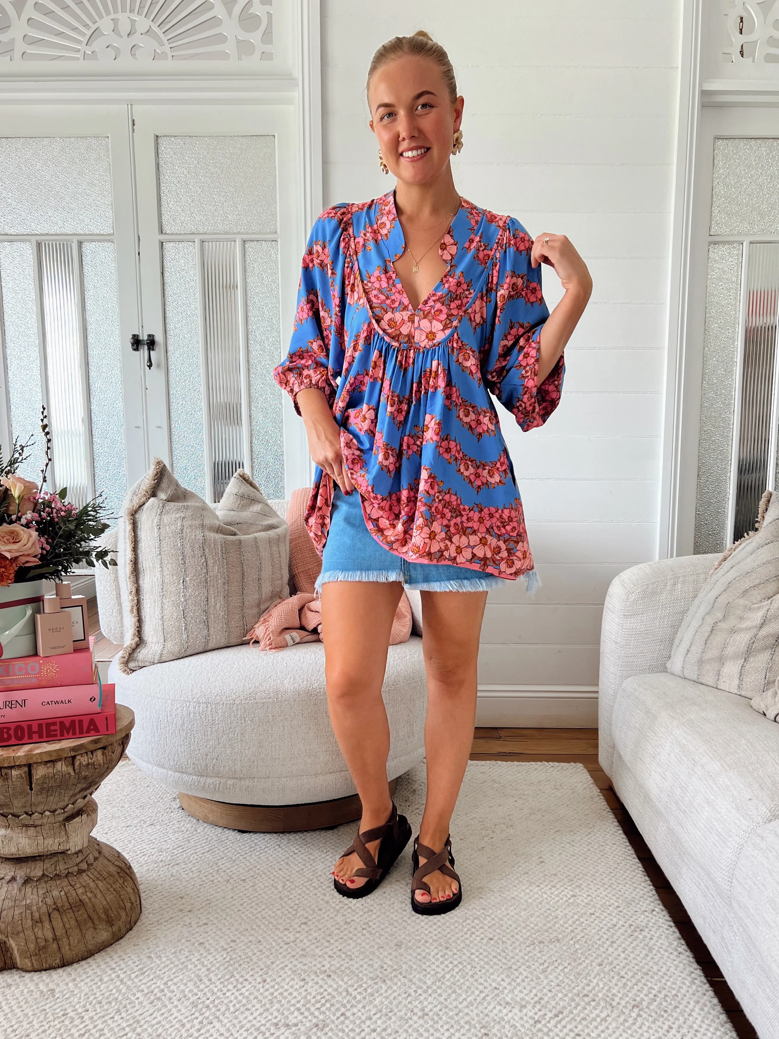 Jaase Boheme Blouse Top with Mandarin Collar V Neck Pockets - Little Flowers