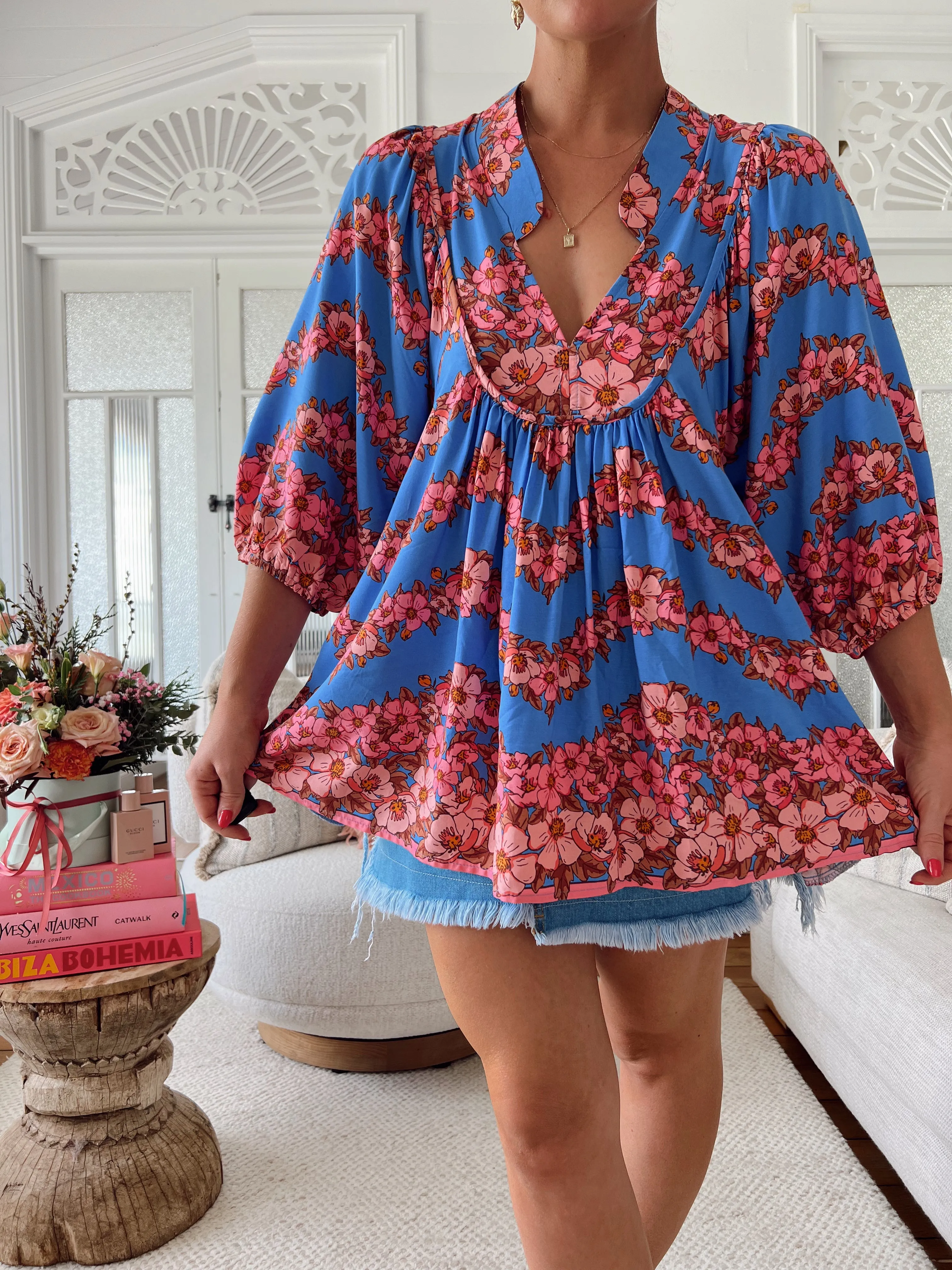 Jaase Boheme Blouse Top with Mandarin Collar V Neck Pockets - Little Flowers