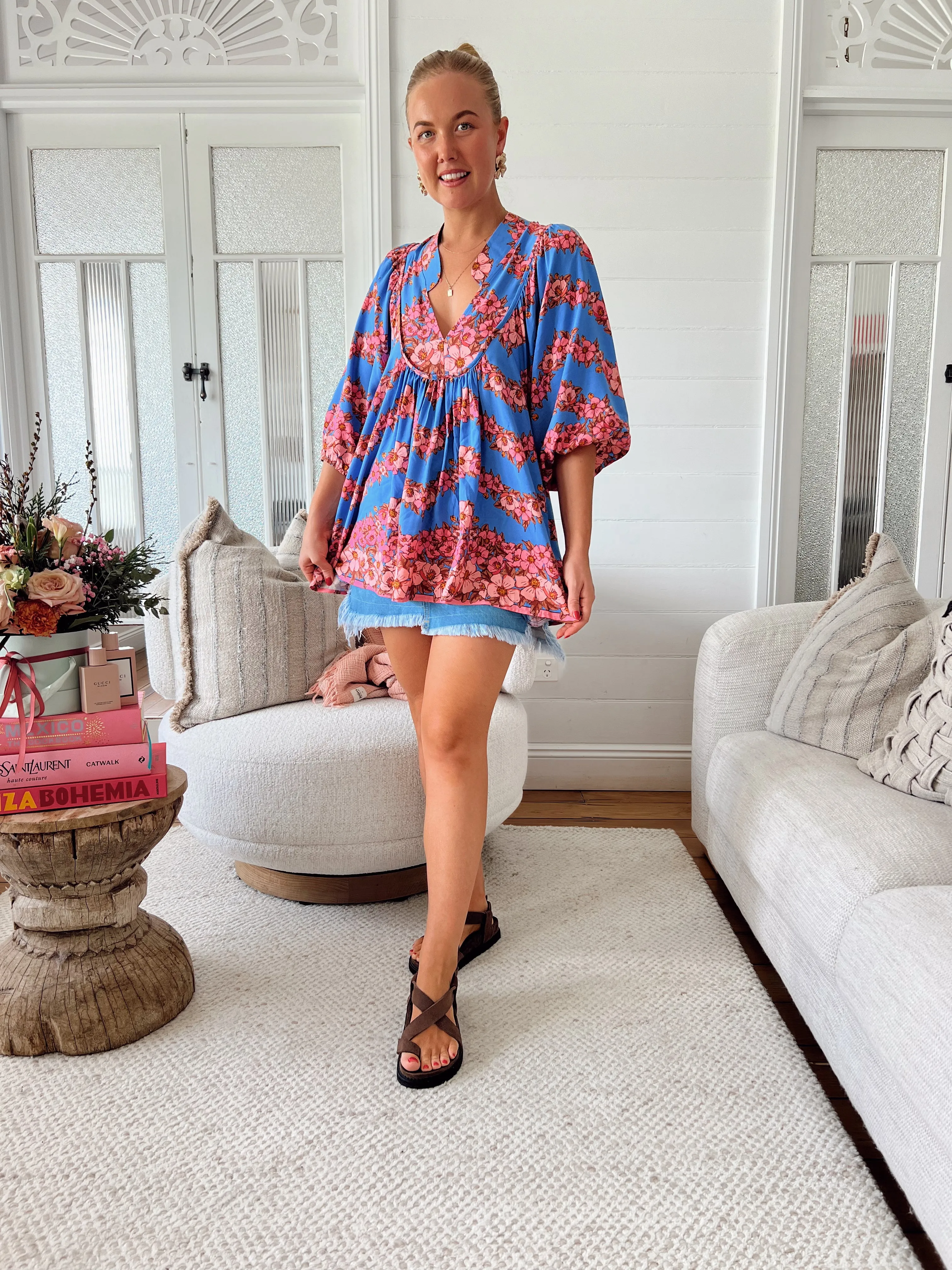 Jaase Boheme Blouse Top with Mandarin Collar V Neck Pockets - Little Flowers