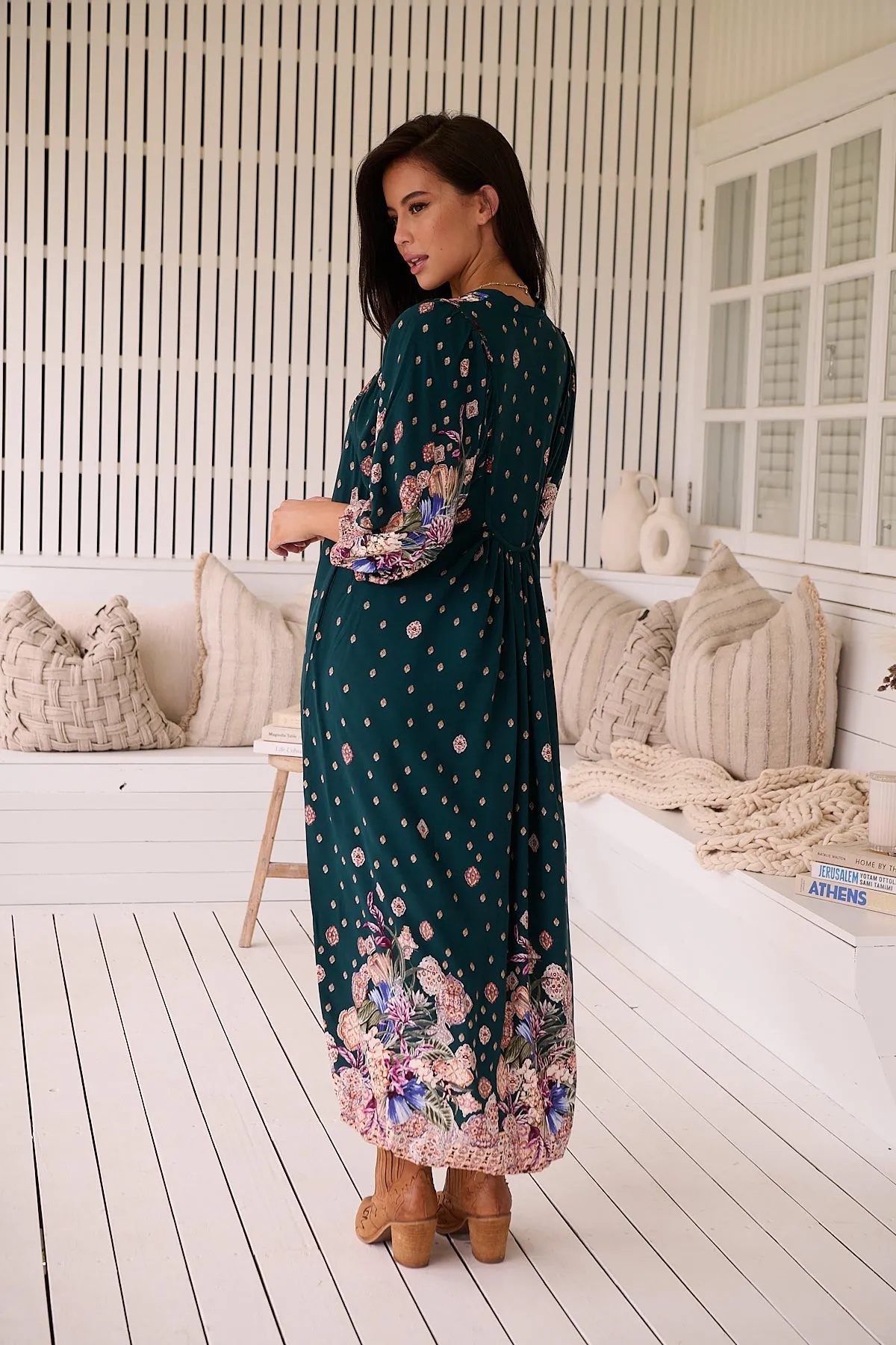 Jaase Boheme Midi Dress with Mandarin Collar V Neck Pockets - Estella