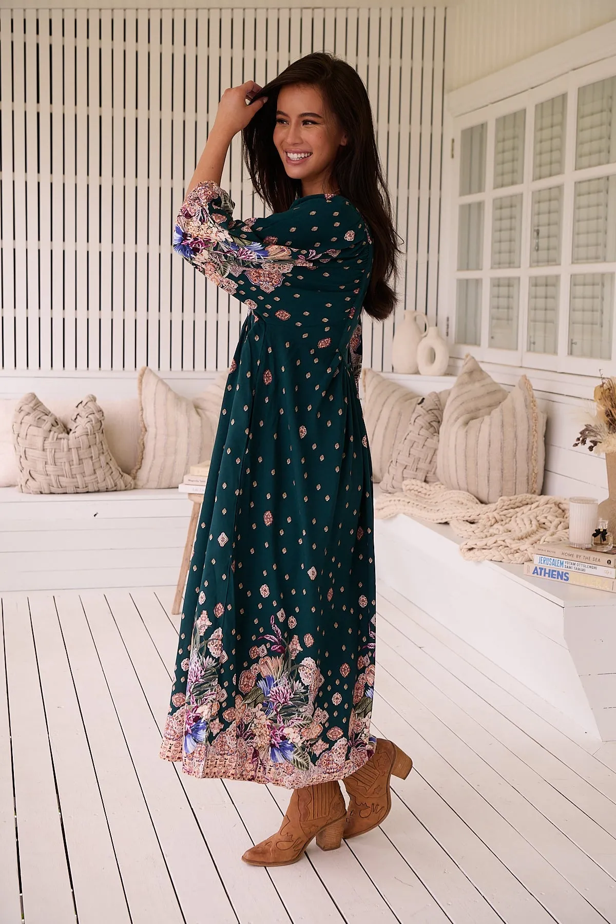 Jaase Boheme Midi Dress with Mandarin Collar V Neck Pockets - Estella