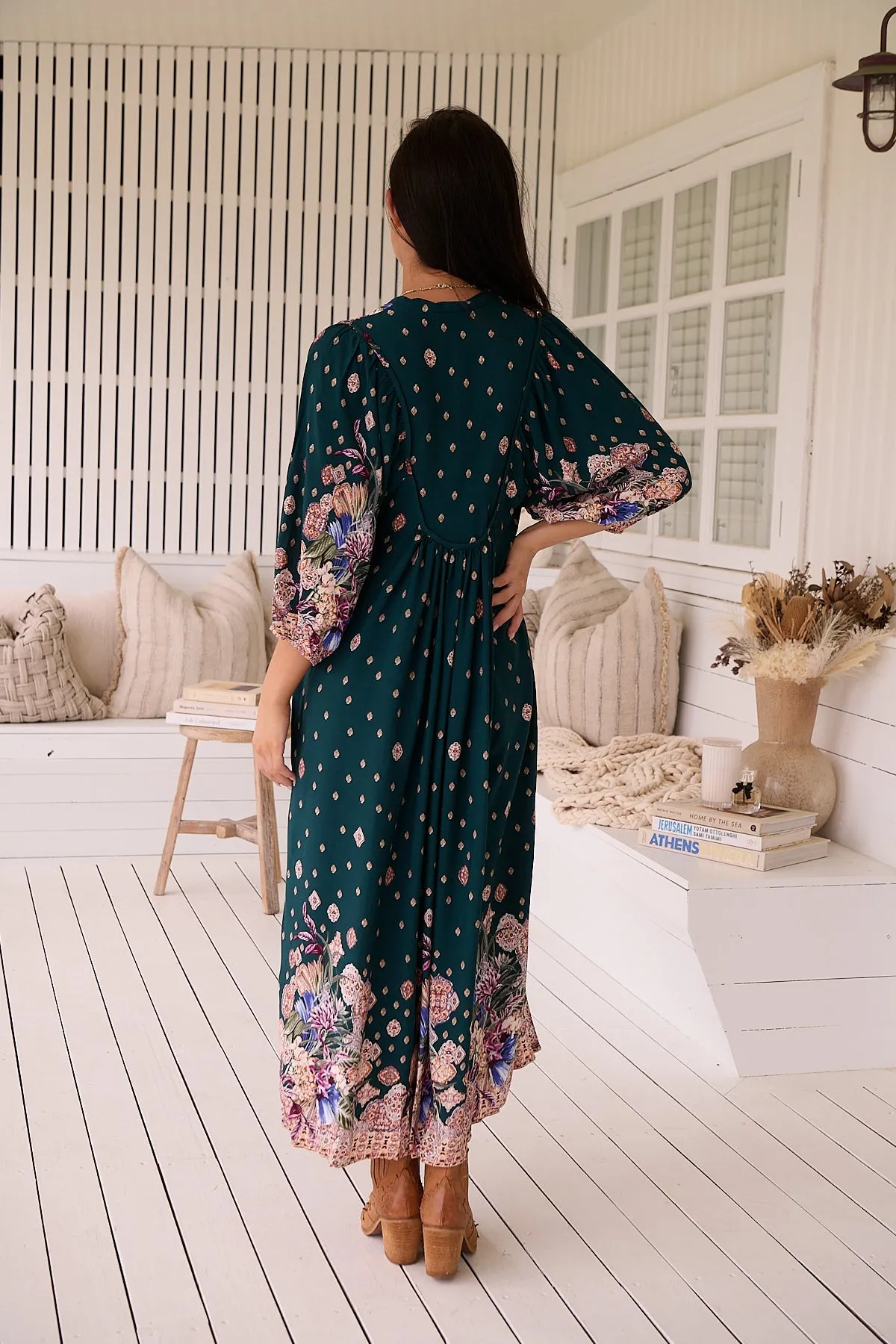 Jaase Boheme Midi Dress with Mandarin Collar V Neck Pockets - Estella