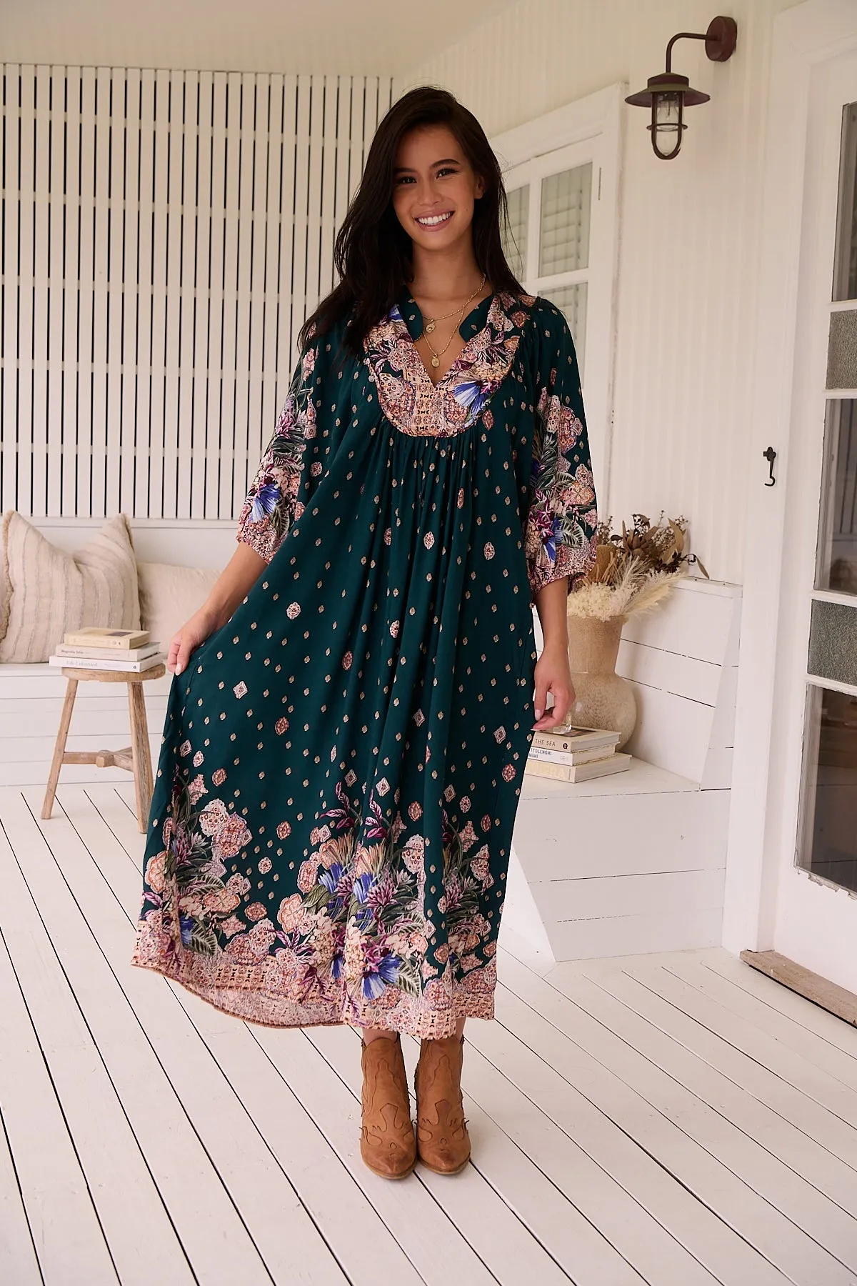 Jaase Boheme Midi Dress with Mandarin Collar V Neck Pockets - Estella