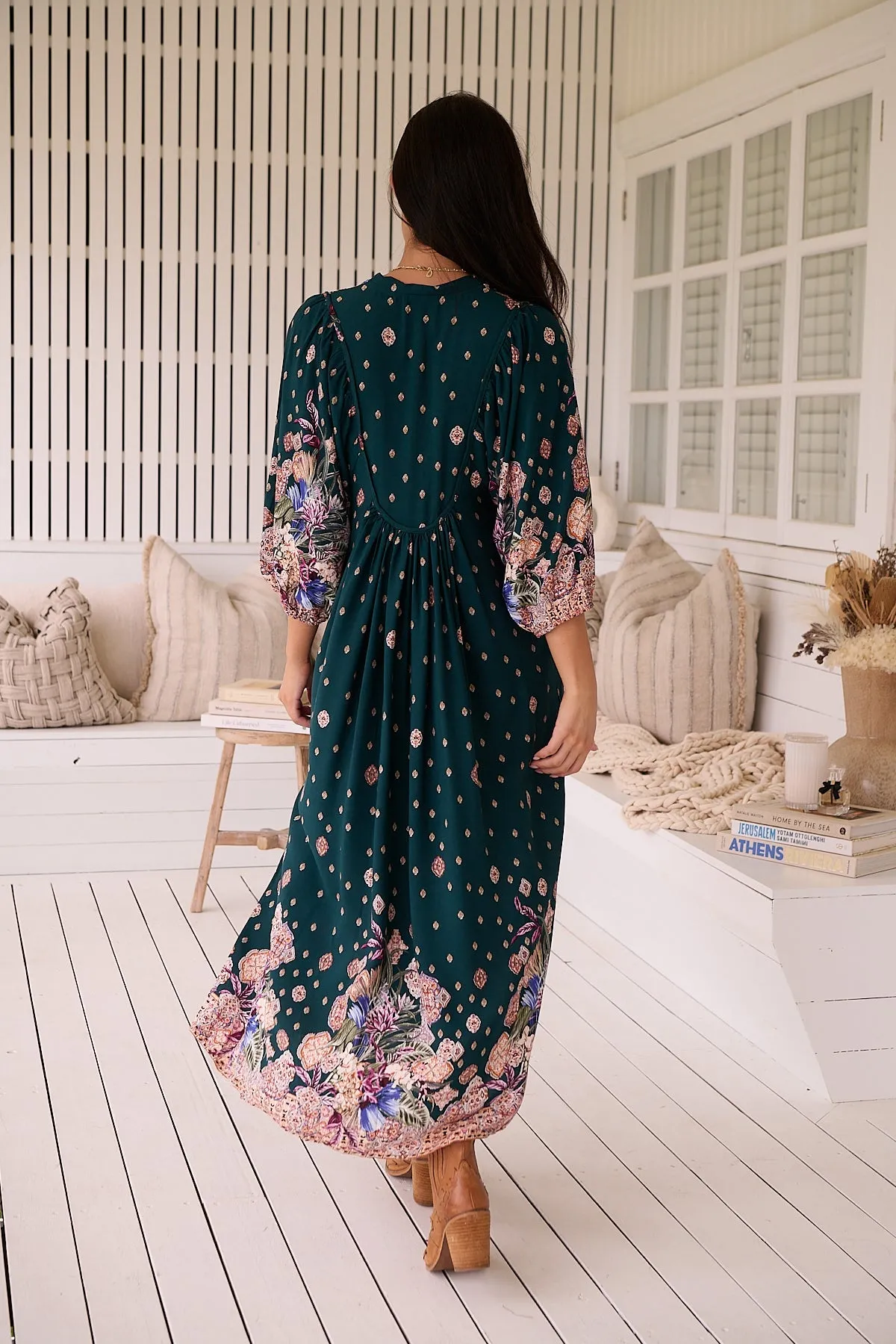 Jaase Boheme Midi Dress with Mandarin Collar V Neck Pockets - Estella