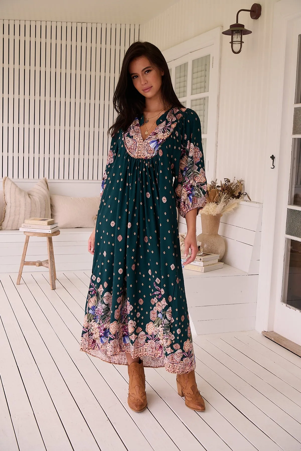 Jaase Boheme Midi Dress with Mandarin Collar V Neck Pockets - Estella