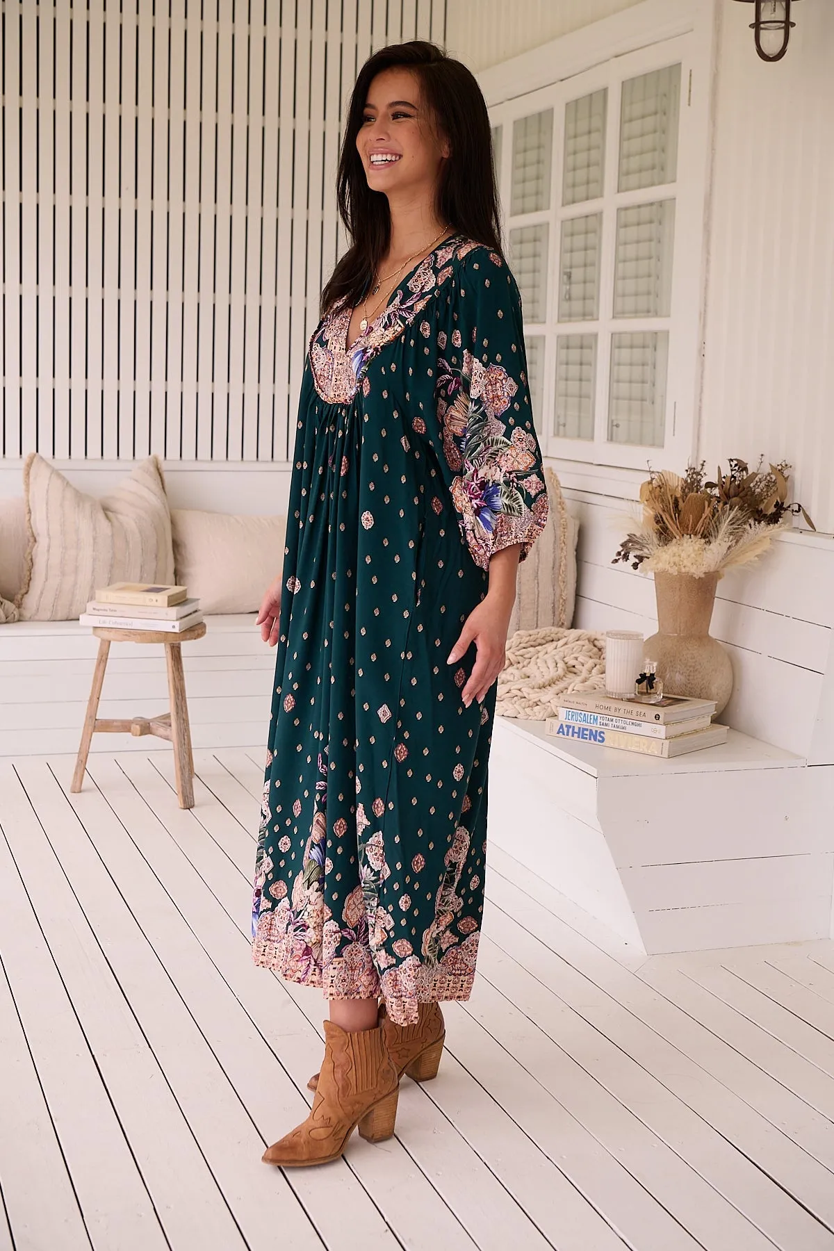 Jaase Boheme Midi Dress with Mandarin Collar V Neck Pockets - Estella