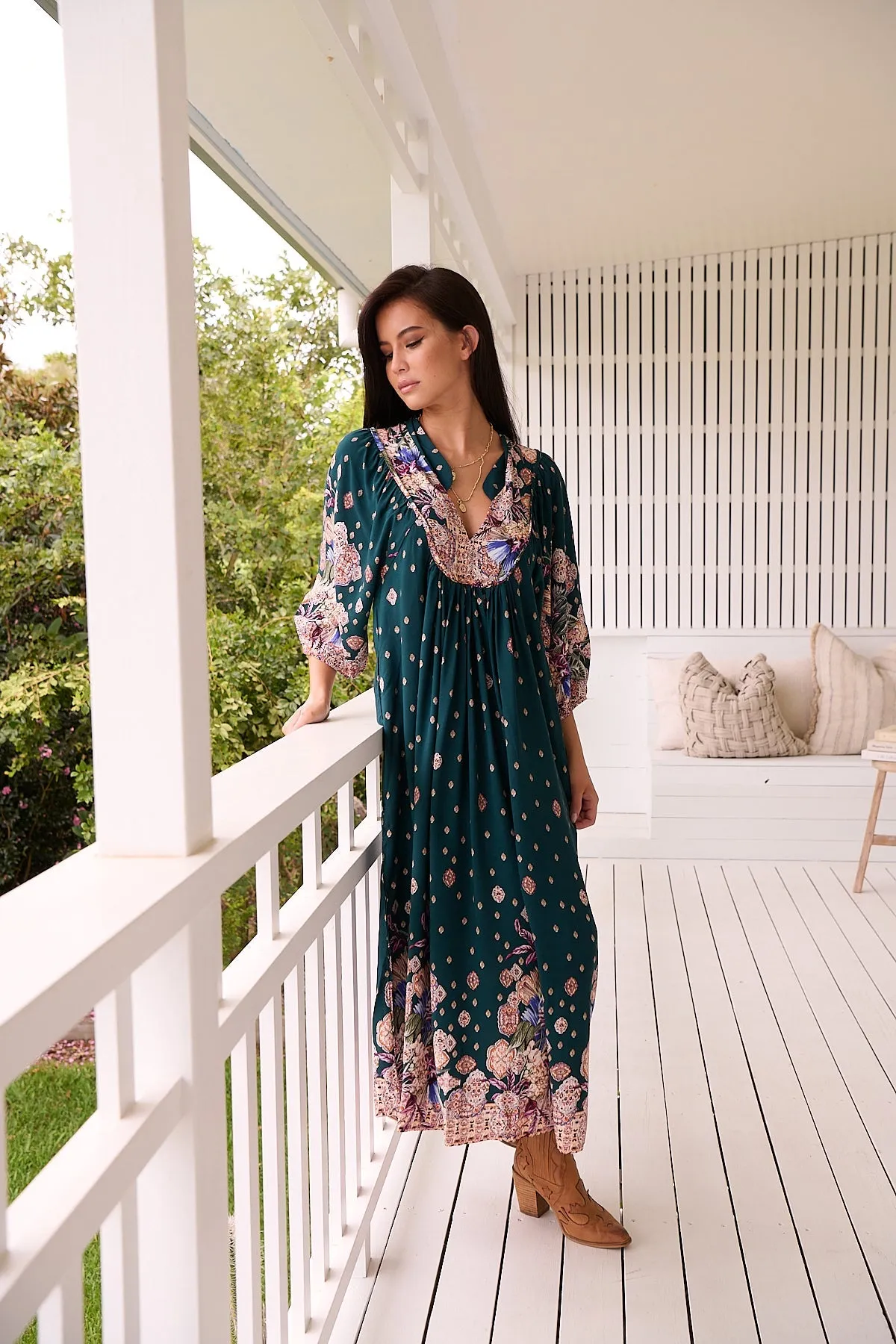 Jaase Boheme Midi Dress with Mandarin Collar V Neck Pockets - Estella