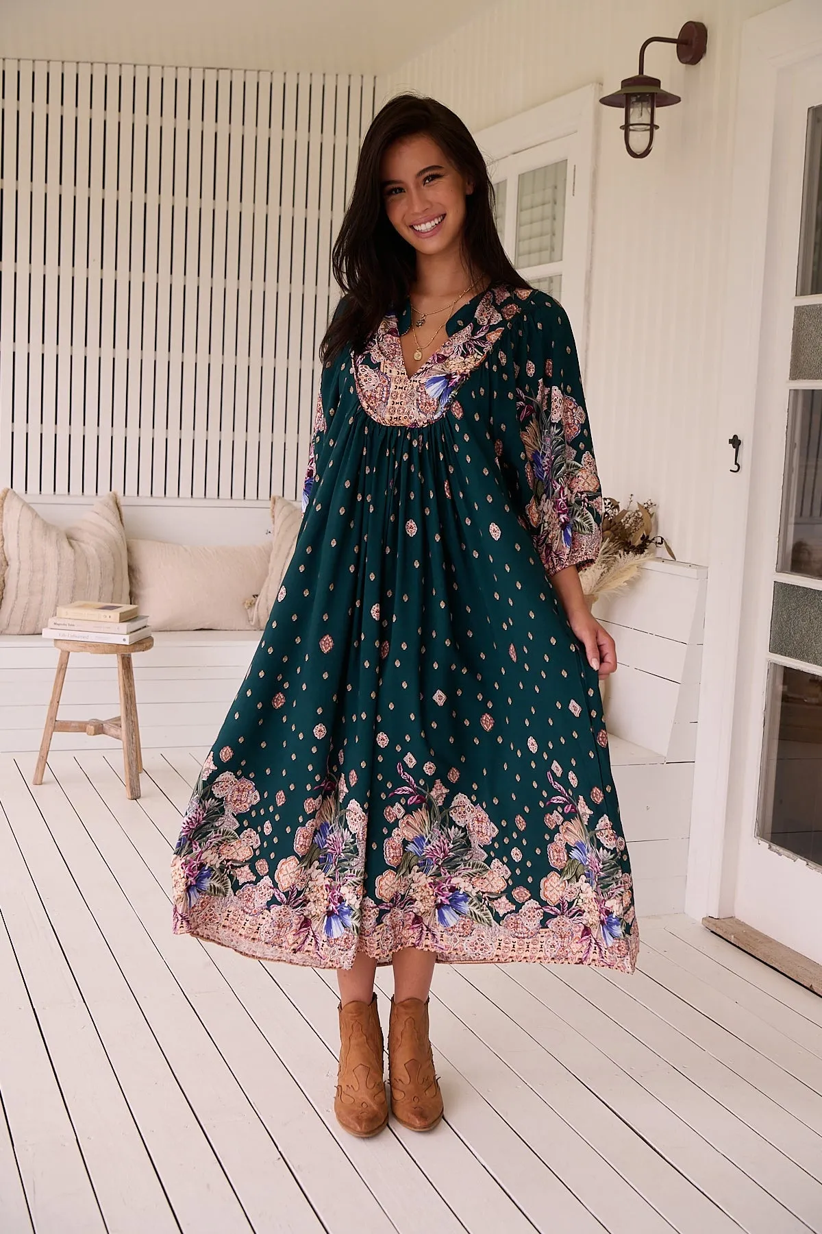 Jaase Boheme Midi Dress with Mandarin Collar V Neck Pockets - Estella