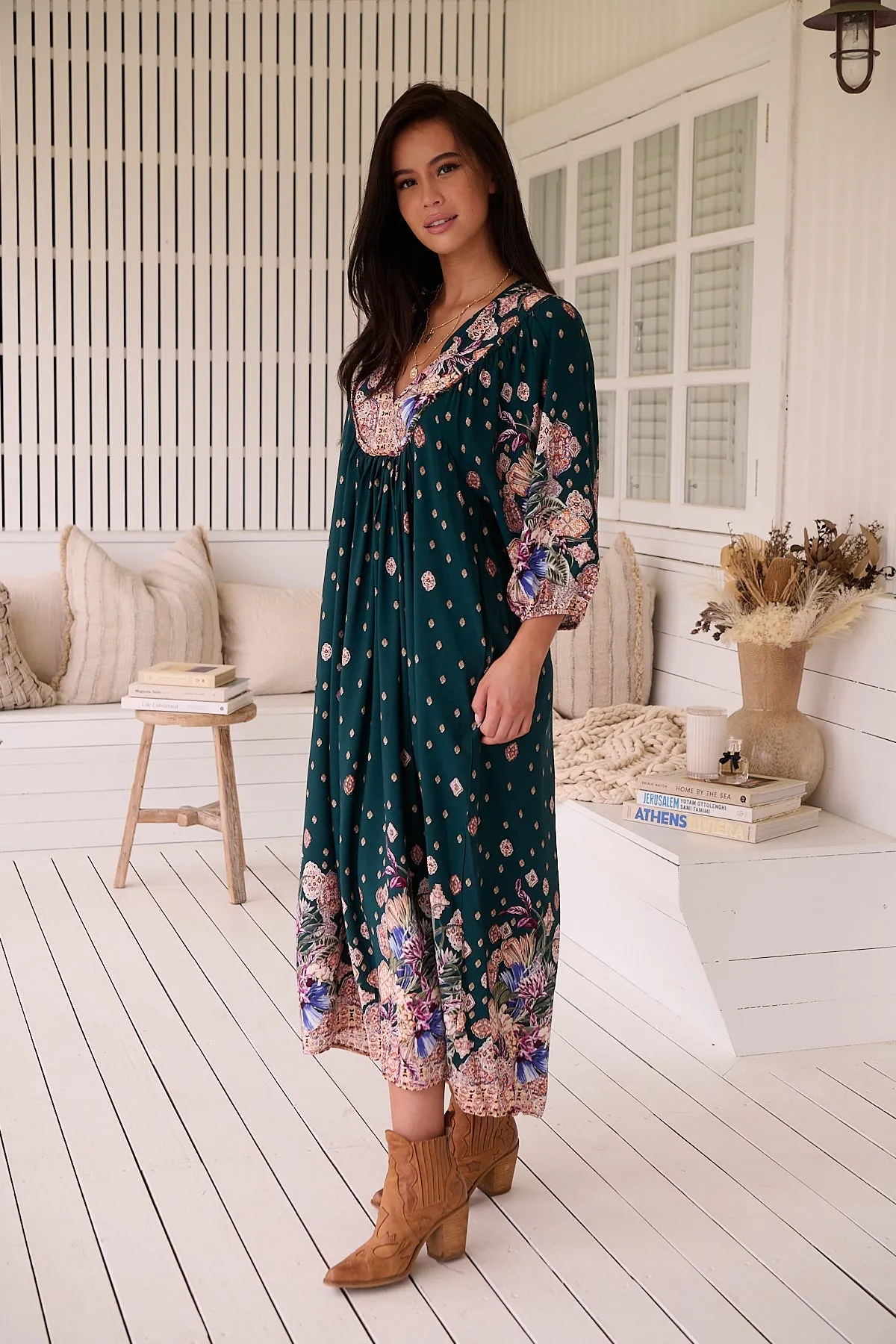 Jaase Boheme Midi Dress with Mandarin Collar V Neck Pockets - Estella