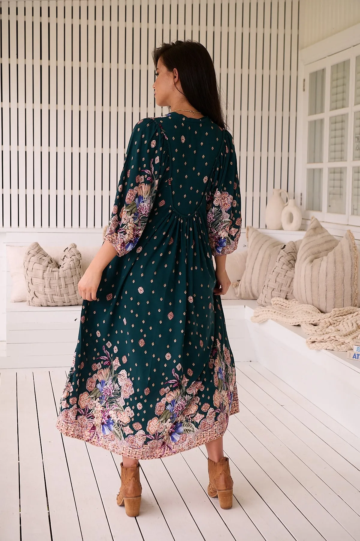 Jaase Boheme Midi Dress with Mandarin Collar V Neck Pockets - Estella