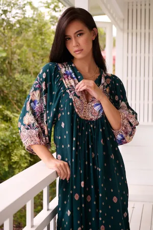 Jaase Boheme Midi Dress with Mandarin Collar V Neck Pockets - Estella