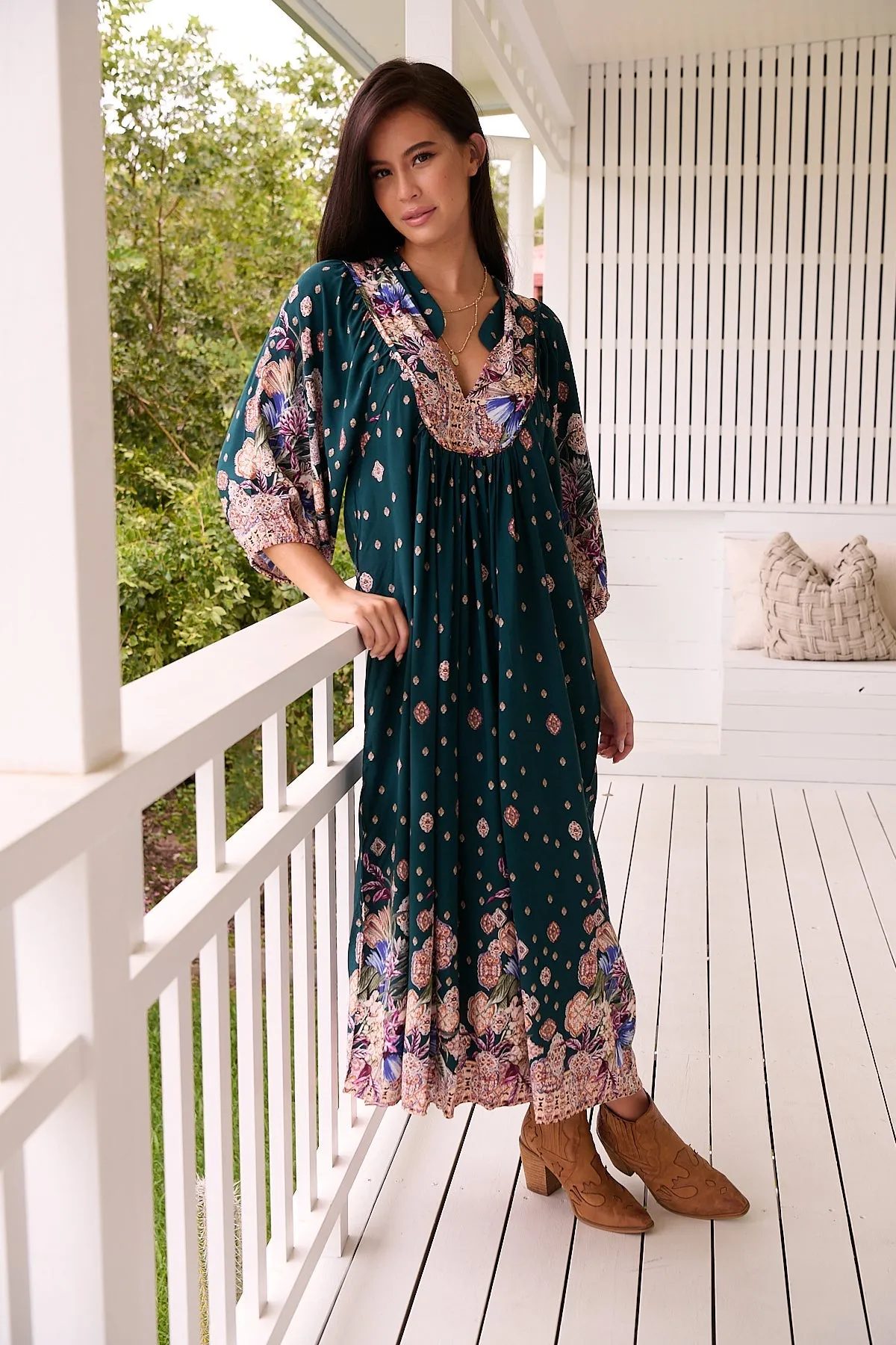 Jaase Boheme Midi Dress with Mandarin Collar V Neck Pockets - Estella