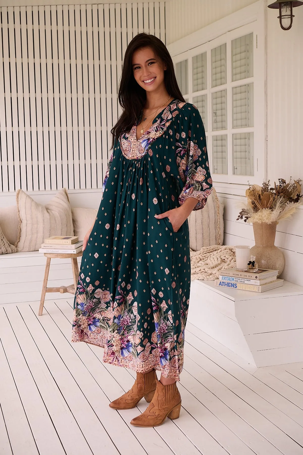 Jaase Boheme Midi Dress with Mandarin Collar V Neck Pockets - Estella
