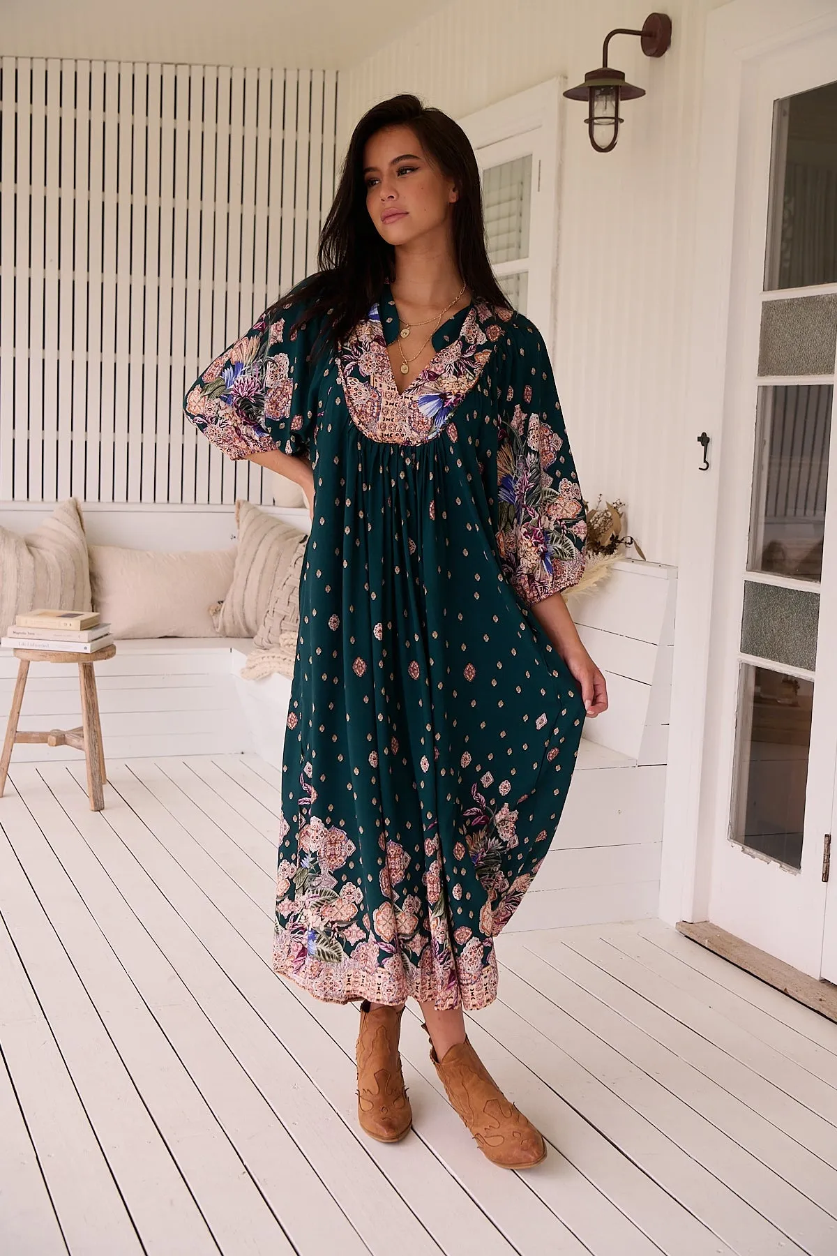 Jaase Boheme Midi Dress with Mandarin Collar V Neck Pockets - Estella
