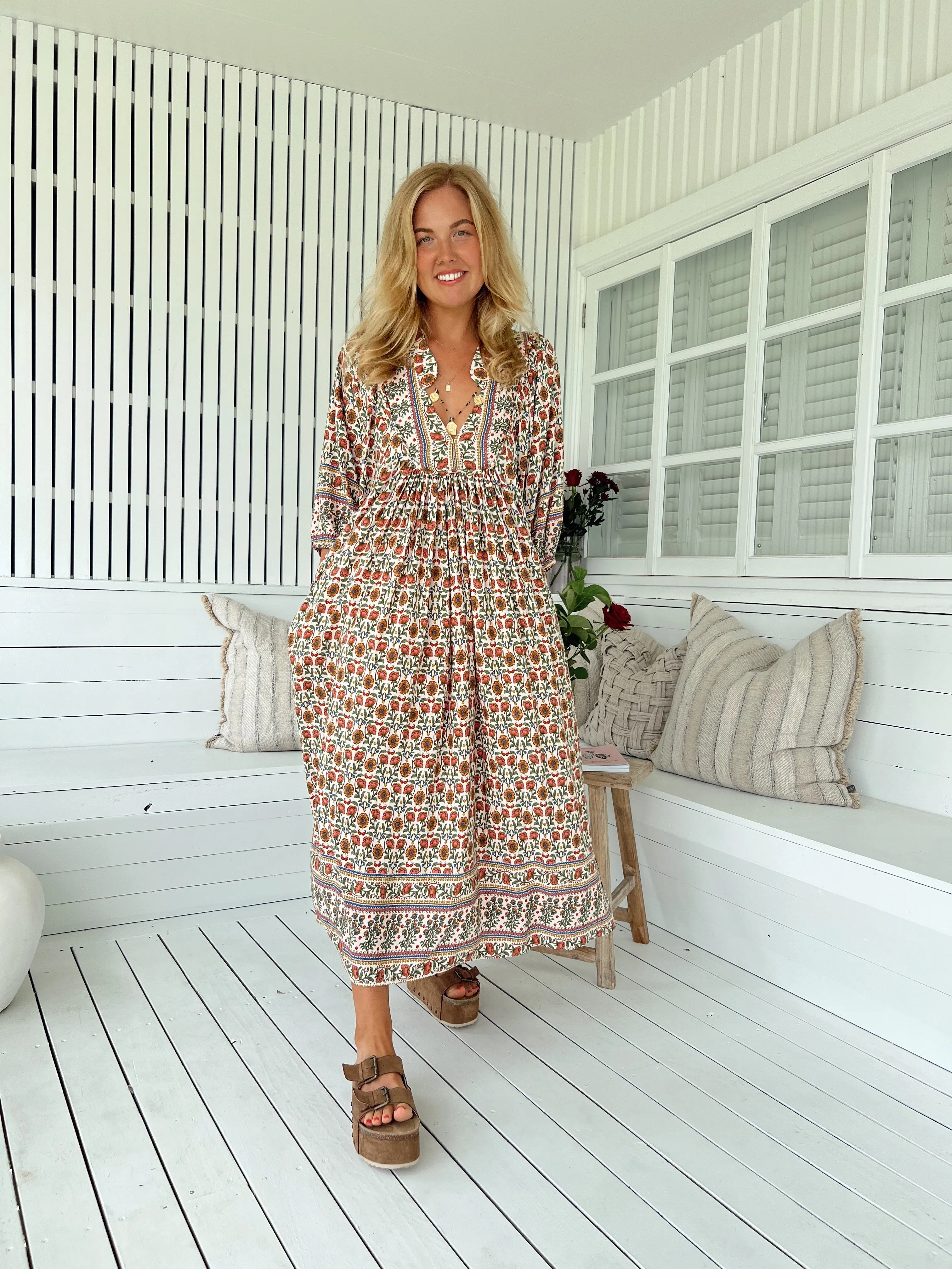 Jaase Boheme Midi Dress with Mandarin Collar V Neck Pockets - Harlowe
