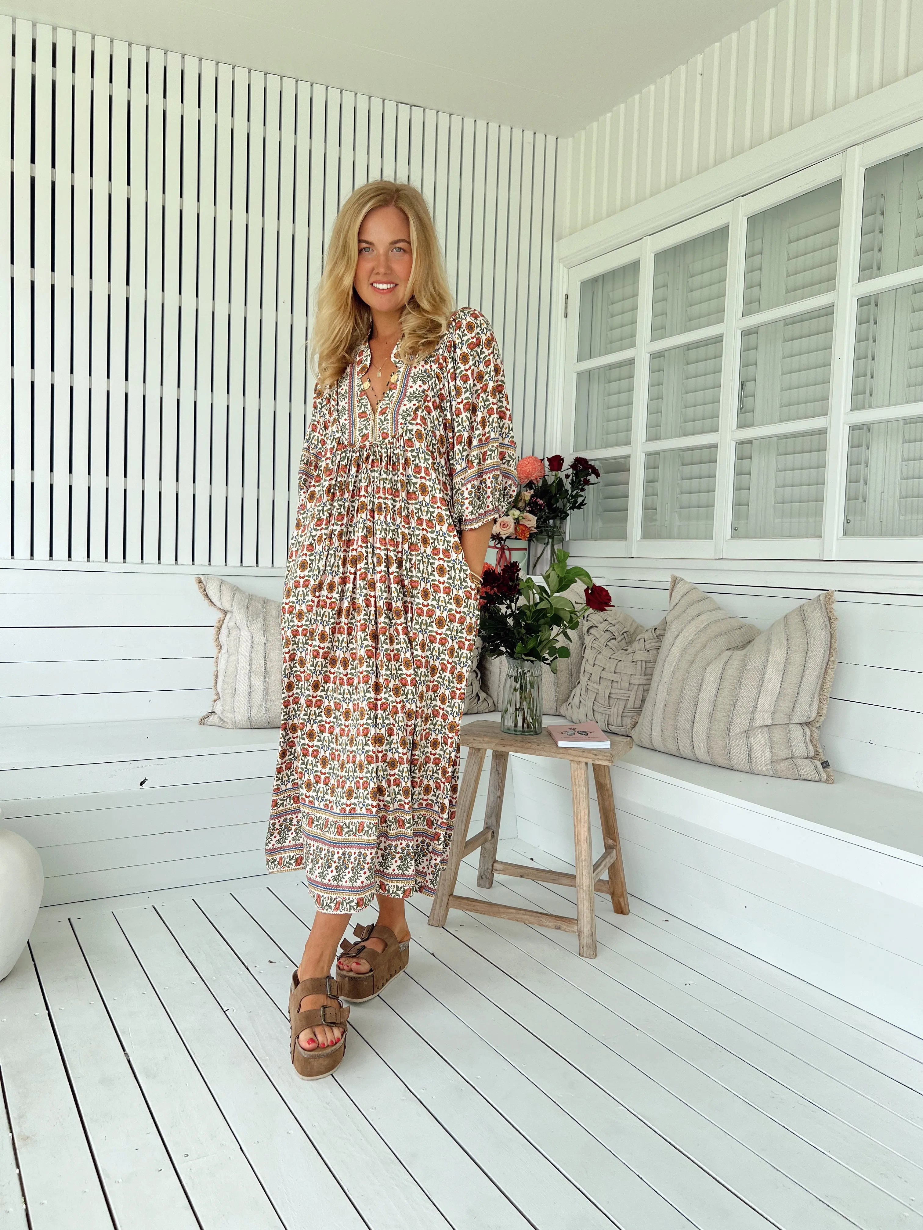 Jaase Boheme Midi Dress with Mandarin Collar V Neck Pockets - Harlowe