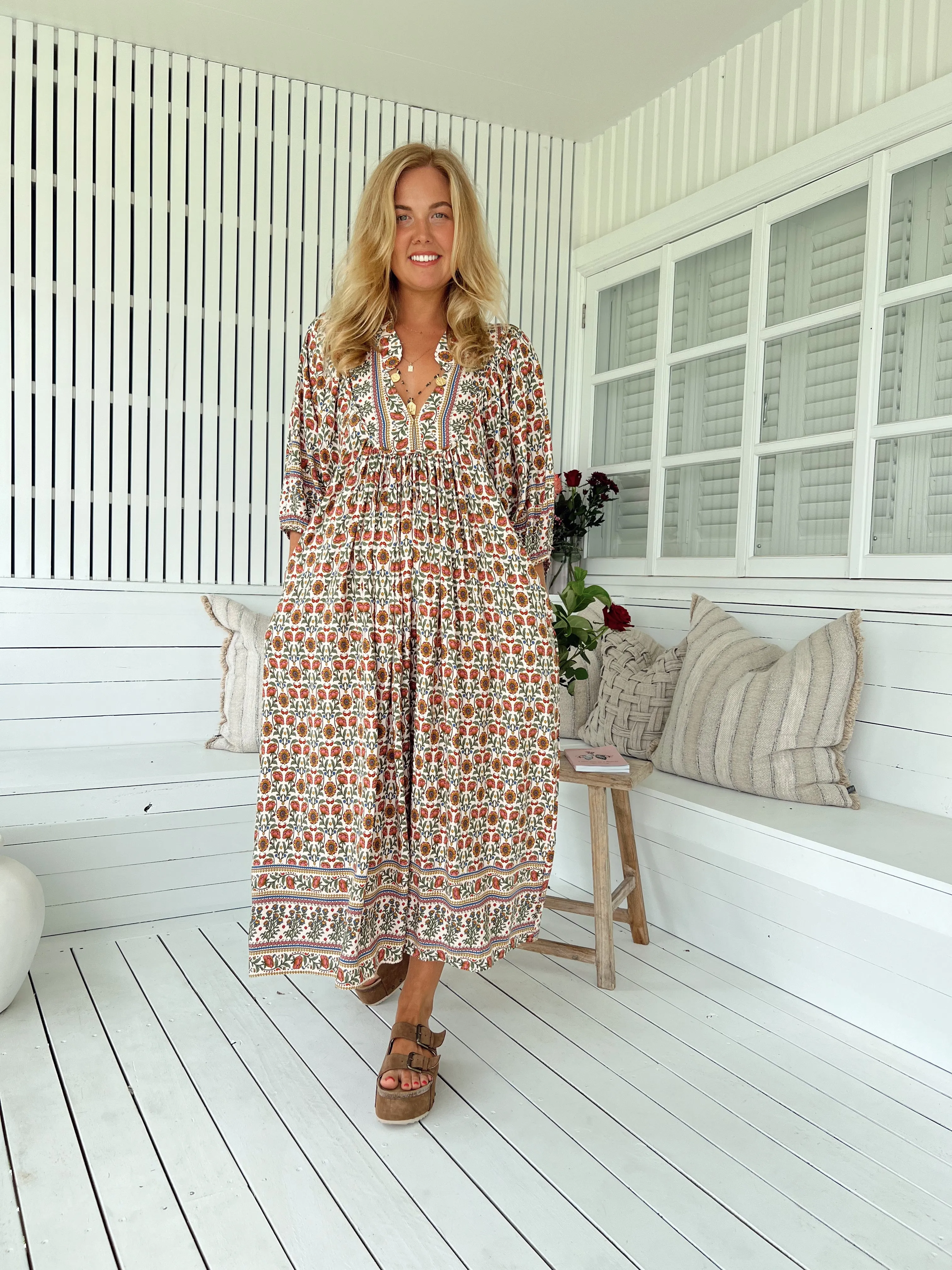 Jaase Boheme Midi Dress with Mandarin Collar V Neck Pockets - Harlowe