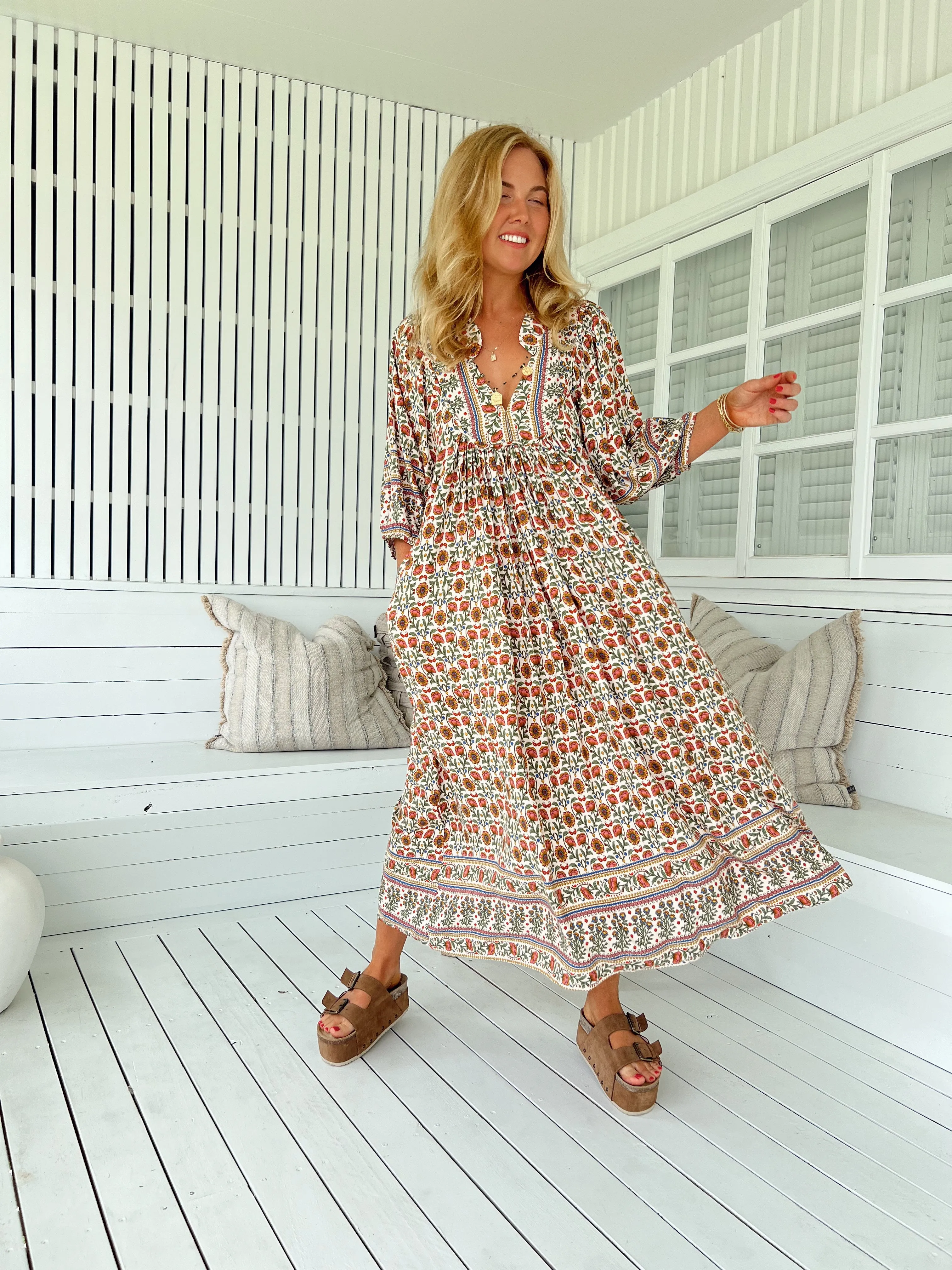 Jaase Boheme Midi Dress with Mandarin Collar V Neck Pockets - Harlowe
