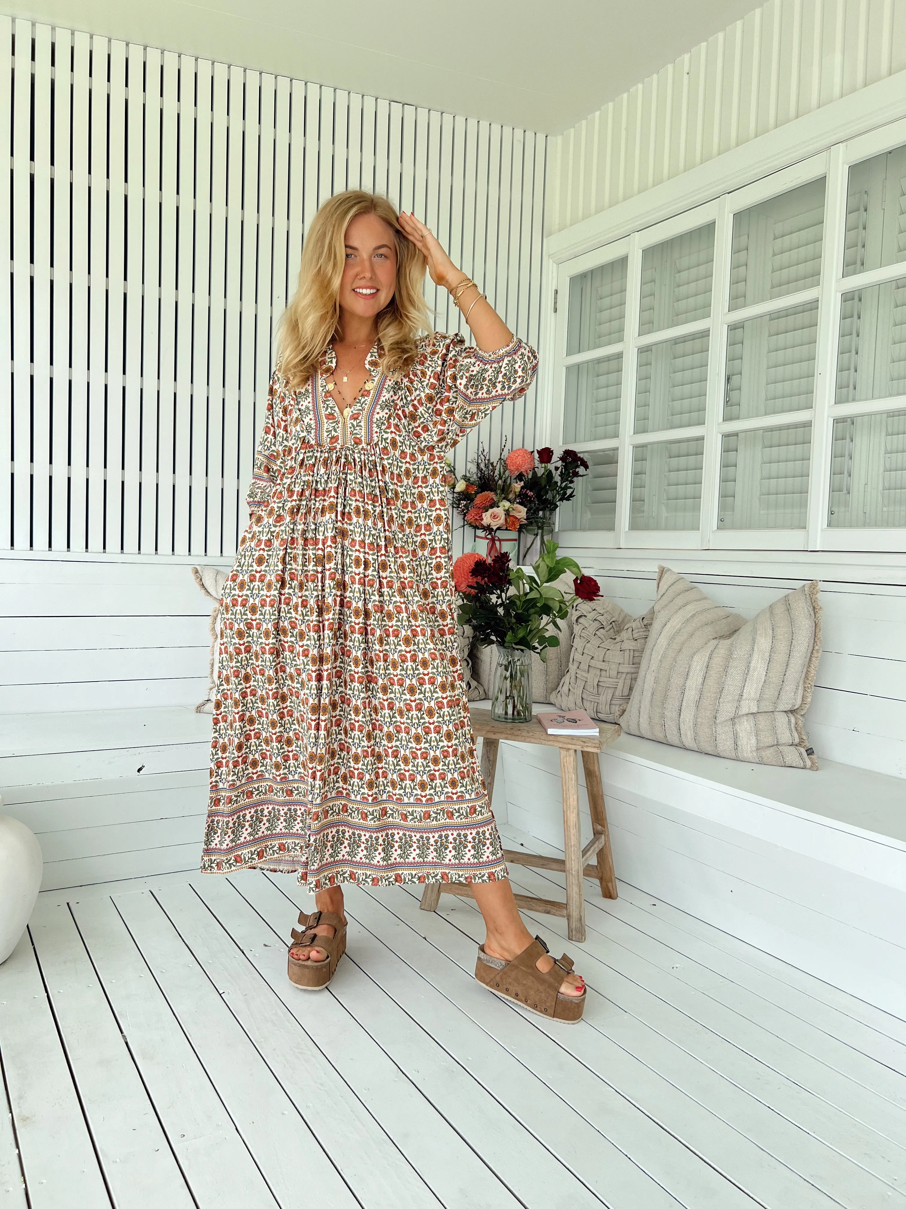 Jaase Boheme Midi Dress with Mandarin Collar V Neck Pockets - Harlowe