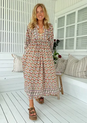Jaase Boheme Midi Dress with Mandarin Collar V Neck Pockets - Harlowe