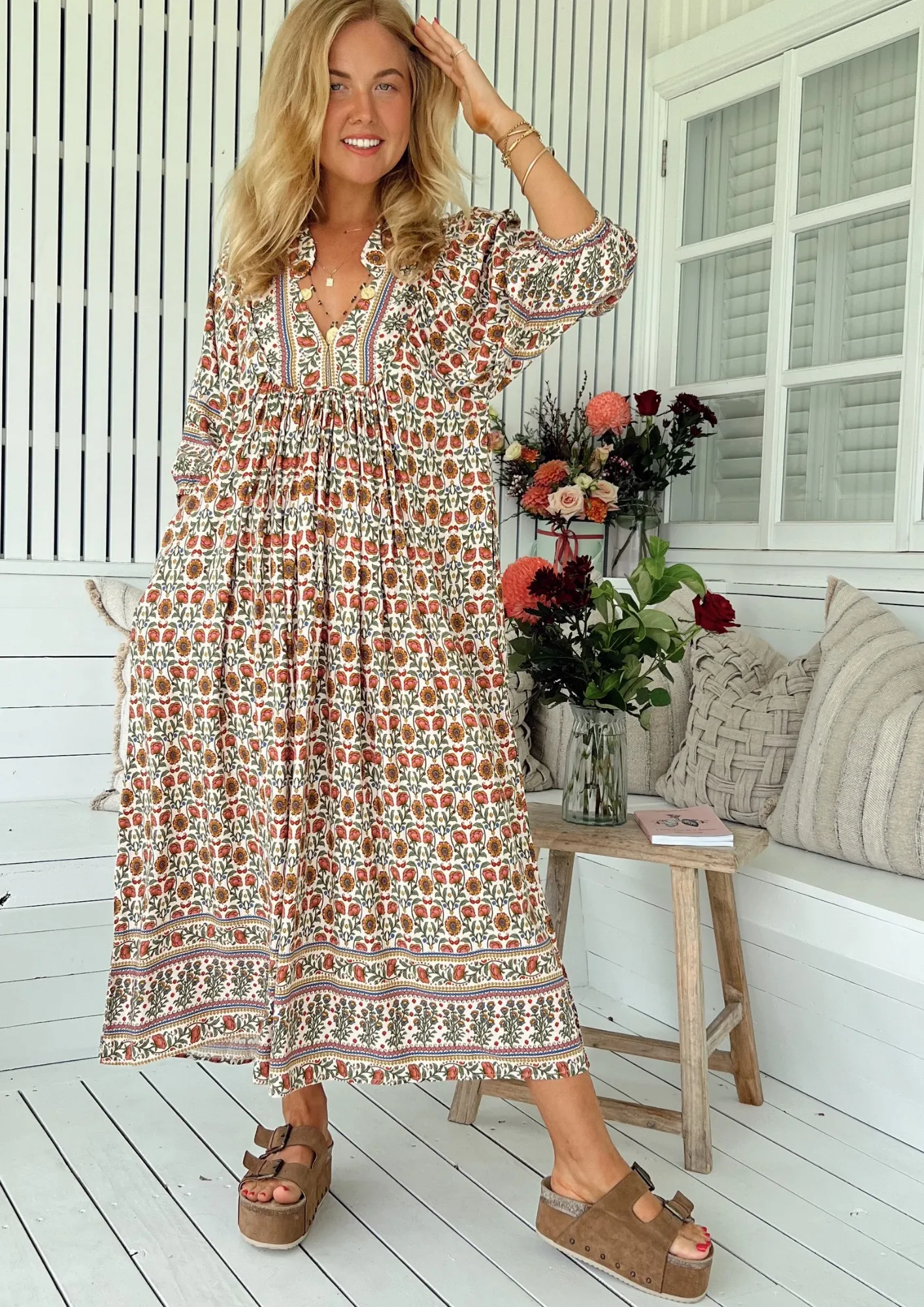 Jaase Boheme Midi Dress with Mandarin Collar V Neck Pockets - Harlowe