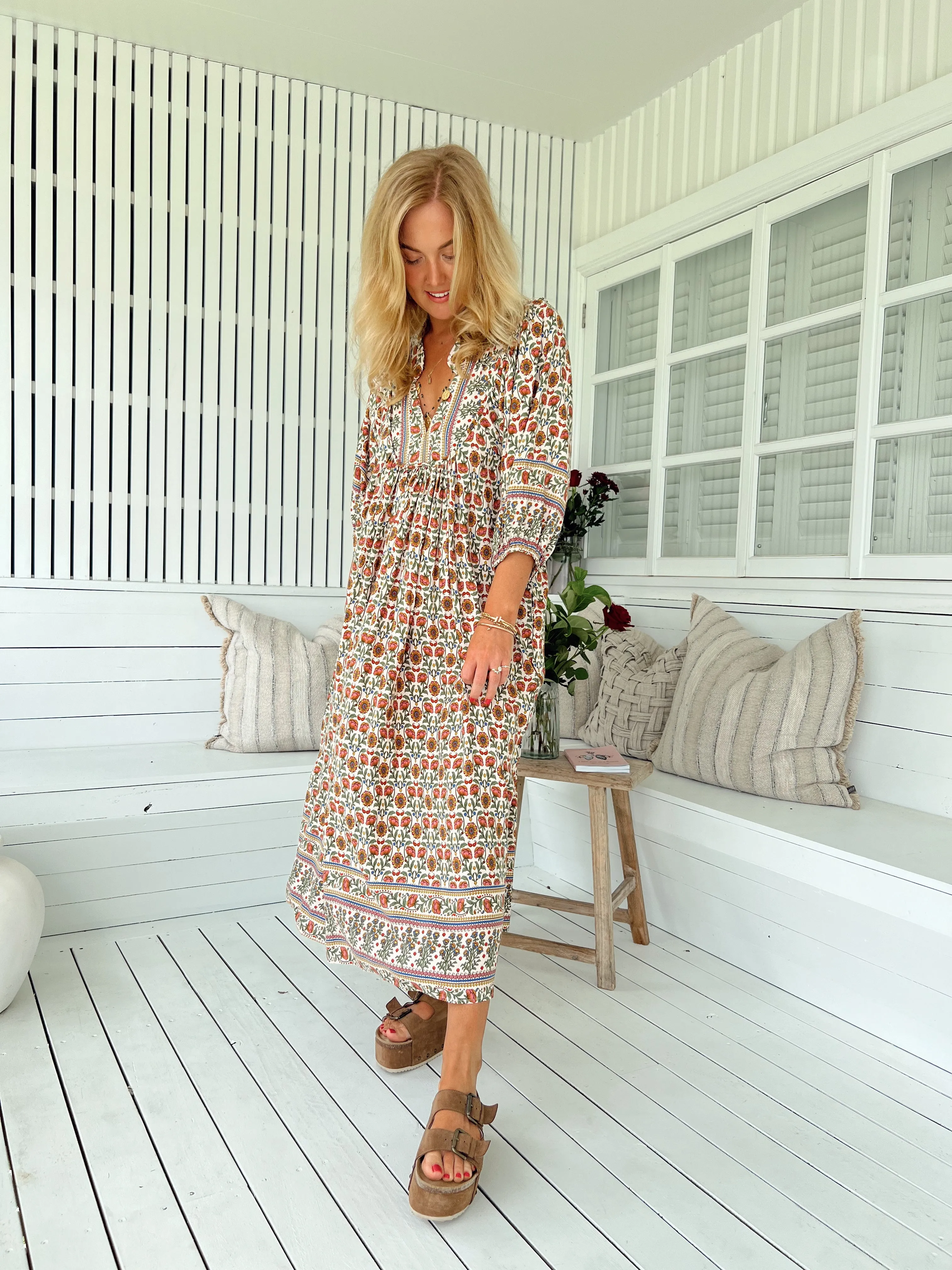 Jaase Boheme Midi Dress with Mandarin Collar V Neck Pockets - Harlowe