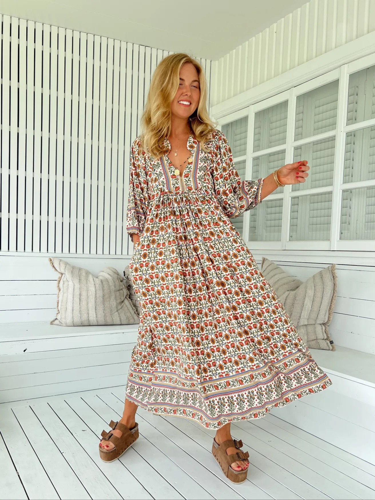 Jaase Boheme Midi Dress with Mandarin Collar V Neck Pockets - Harlowe
