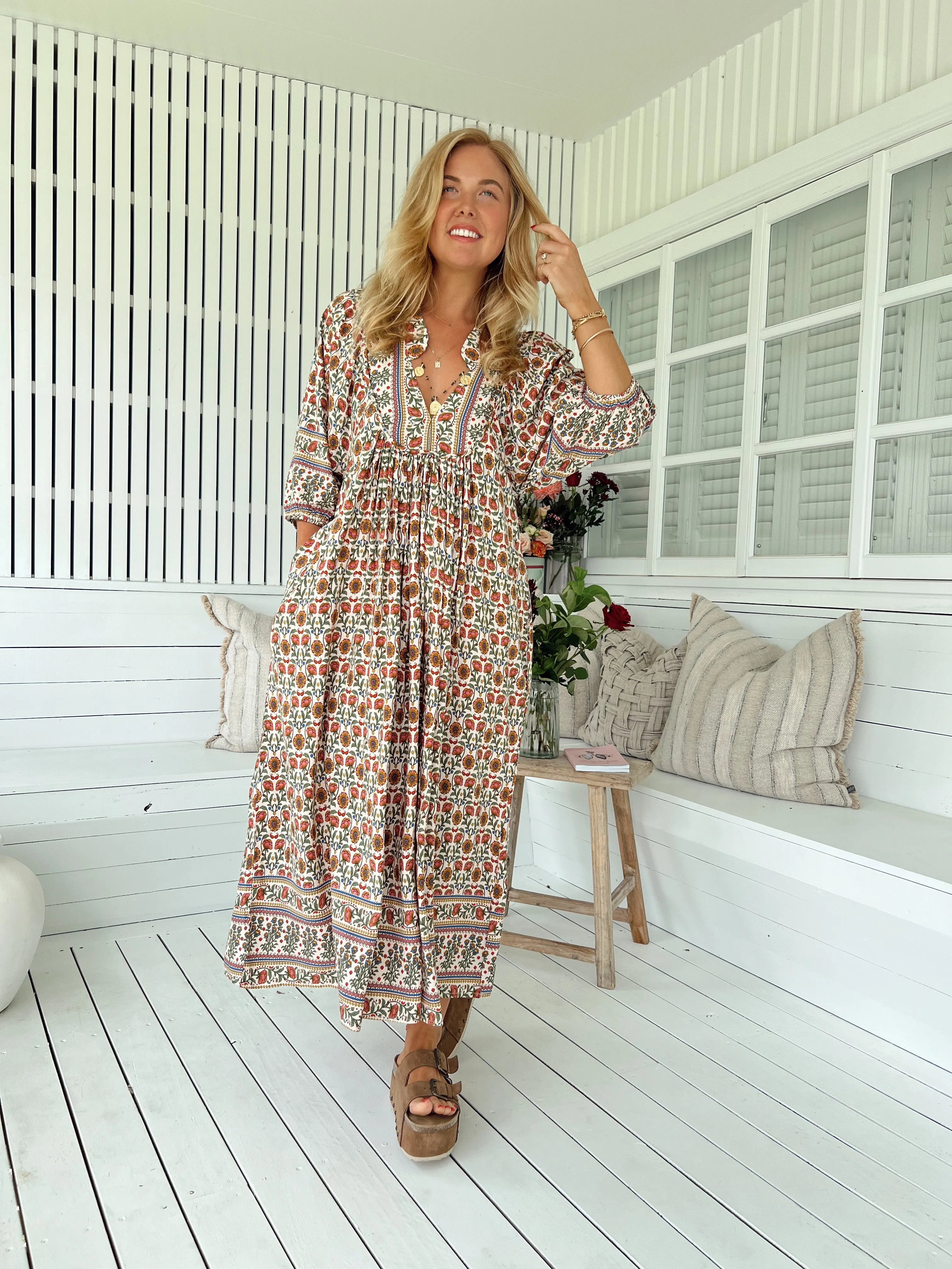 Jaase Boheme Midi Dress with Mandarin Collar V Neck Pockets - Harlowe
