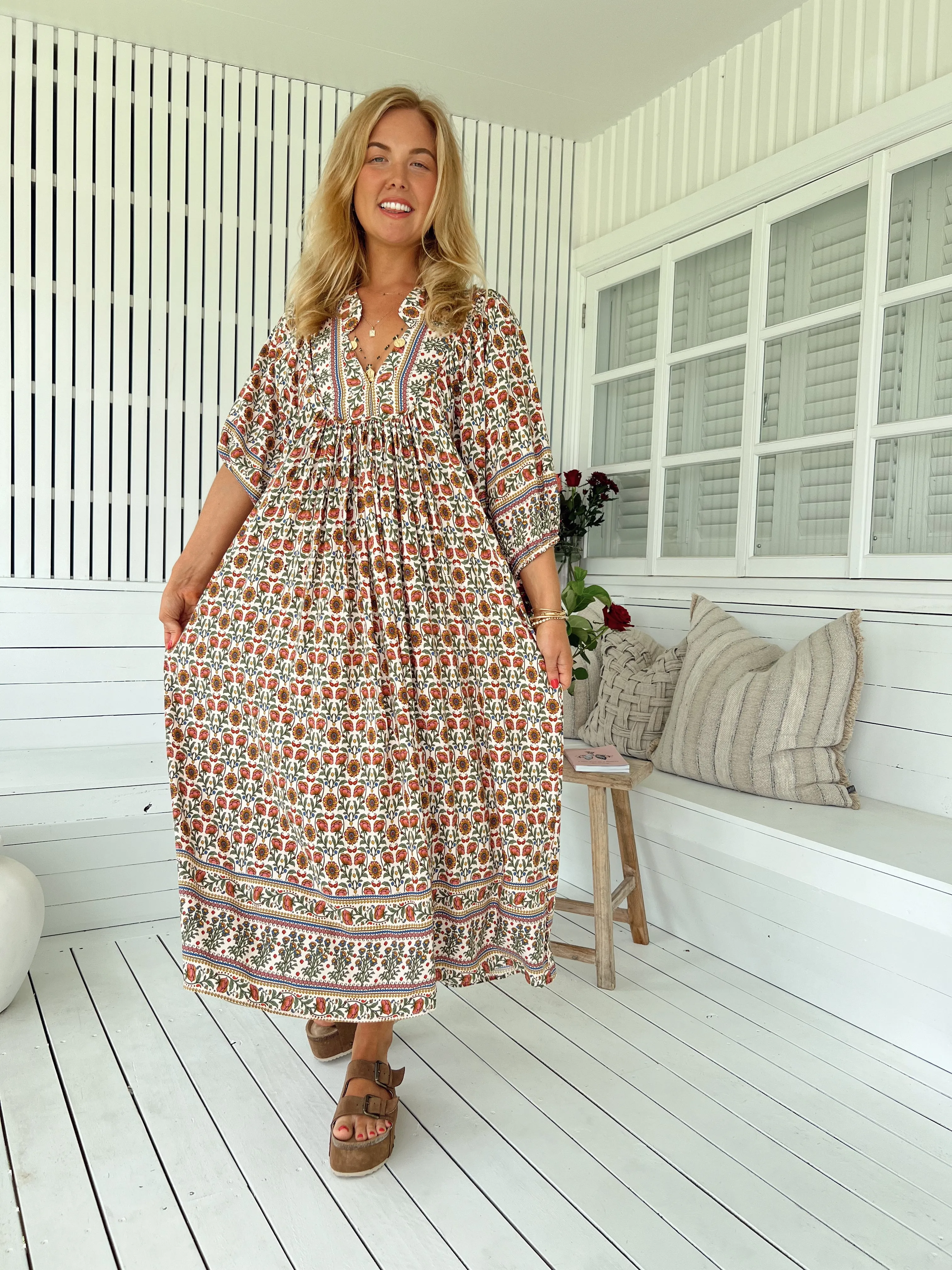 Jaase Boheme Midi Dress with Mandarin Collar V Neck Pockets - Harlowe