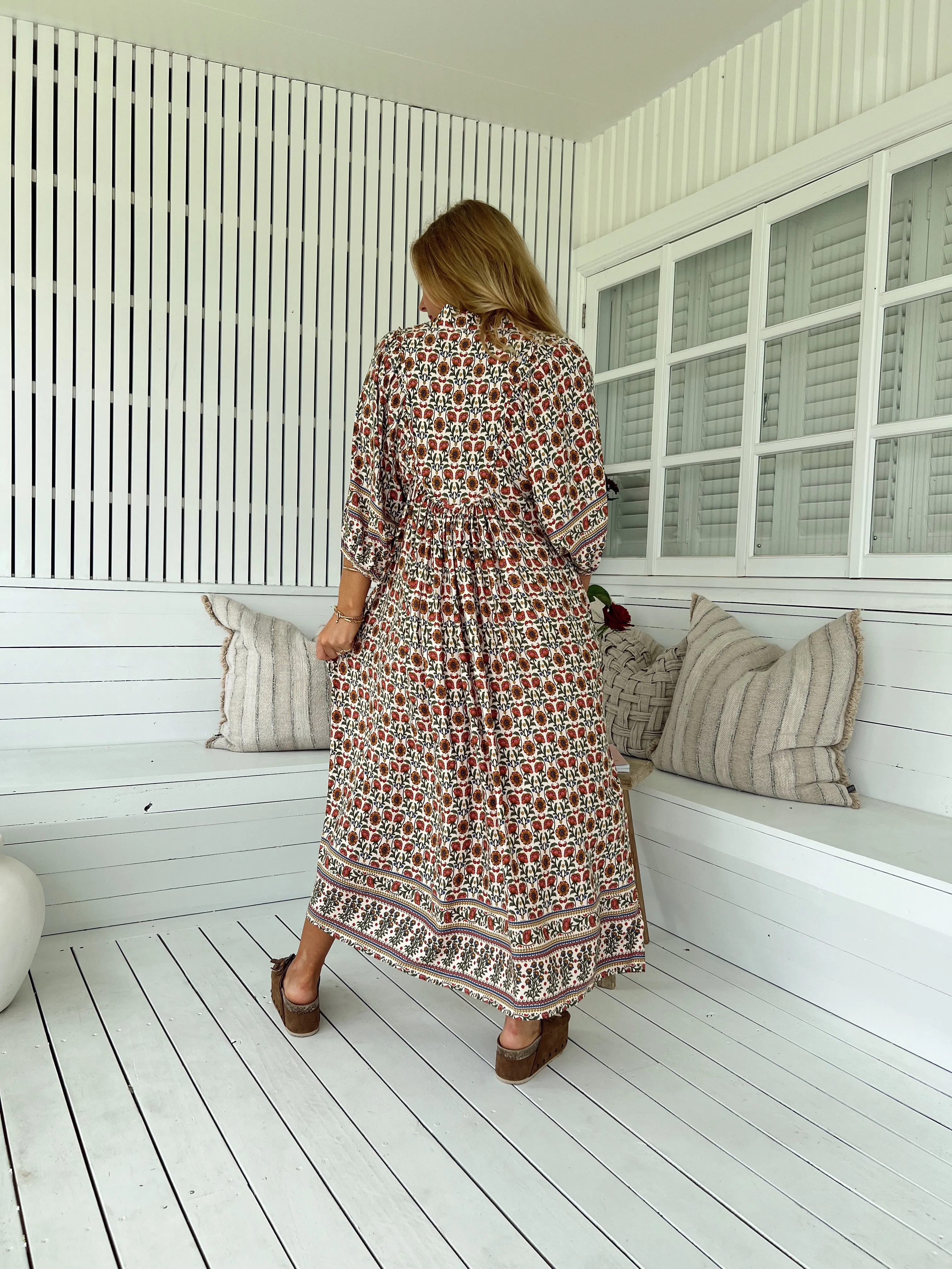 Jaase Boheme Midi Dress with Mandarin Collar V Neck Pockets - Harlowe
