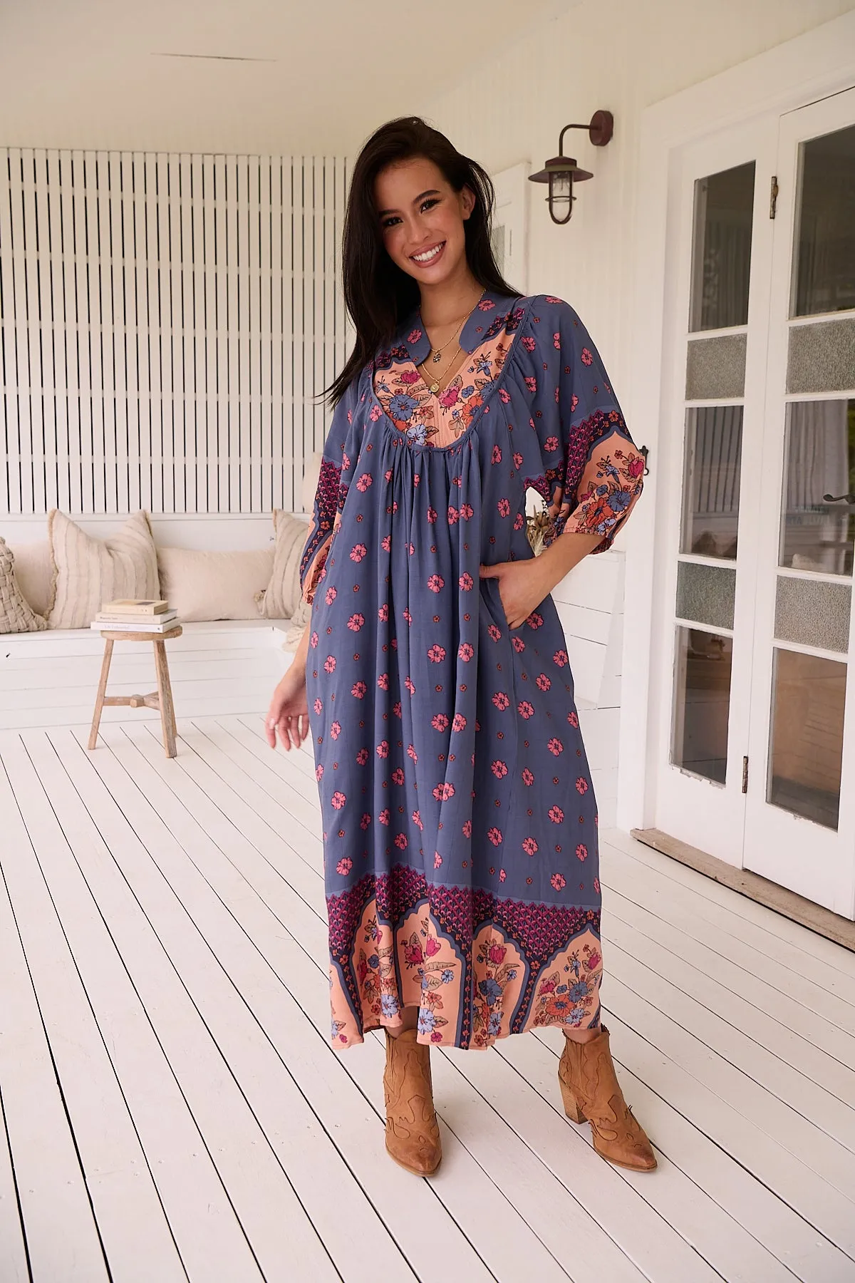 Jaase Boheme Midi Dress with Mandarin Collar V Neck Pockets - Laney