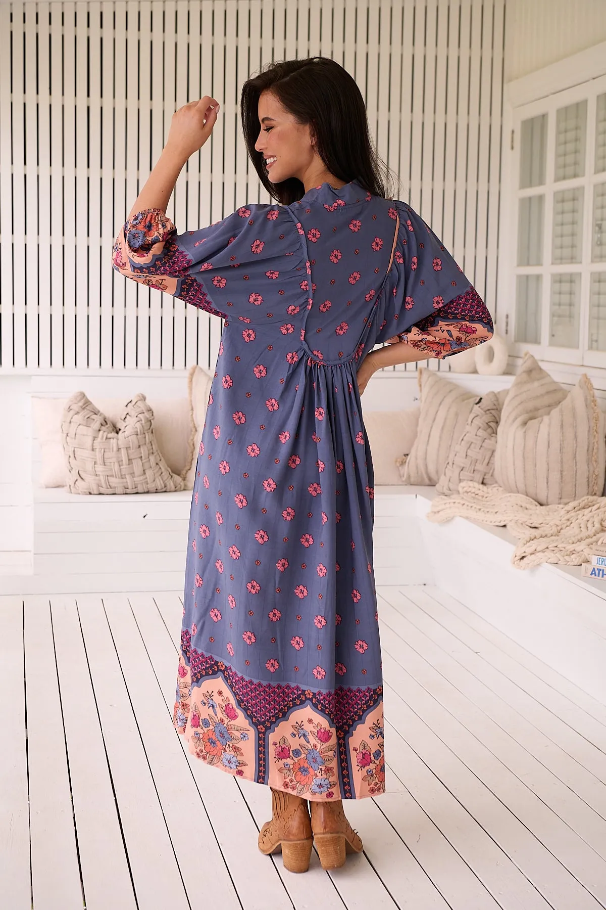 Jaase Boheme Midi Dress with Mandarin Collar V Neck Pockets - Laney
