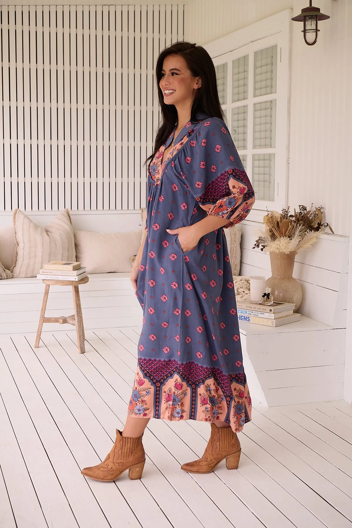 Jaase Boheme Midi Dress with Mandarin Collar V Neck Pockets - Laney