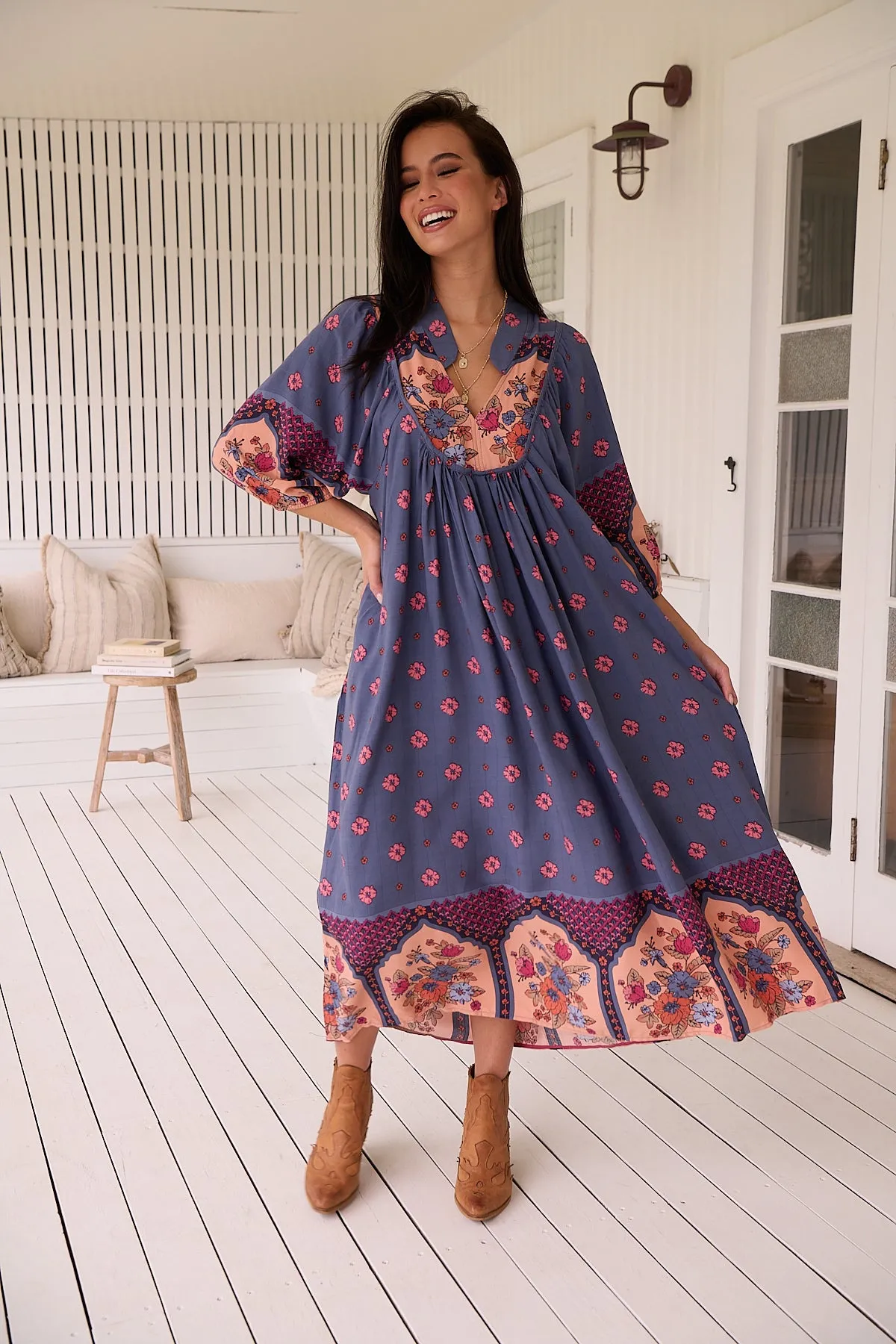 Jaase Boheme Midi Dress with Mandarin Collar V Neck Pockets - Laney