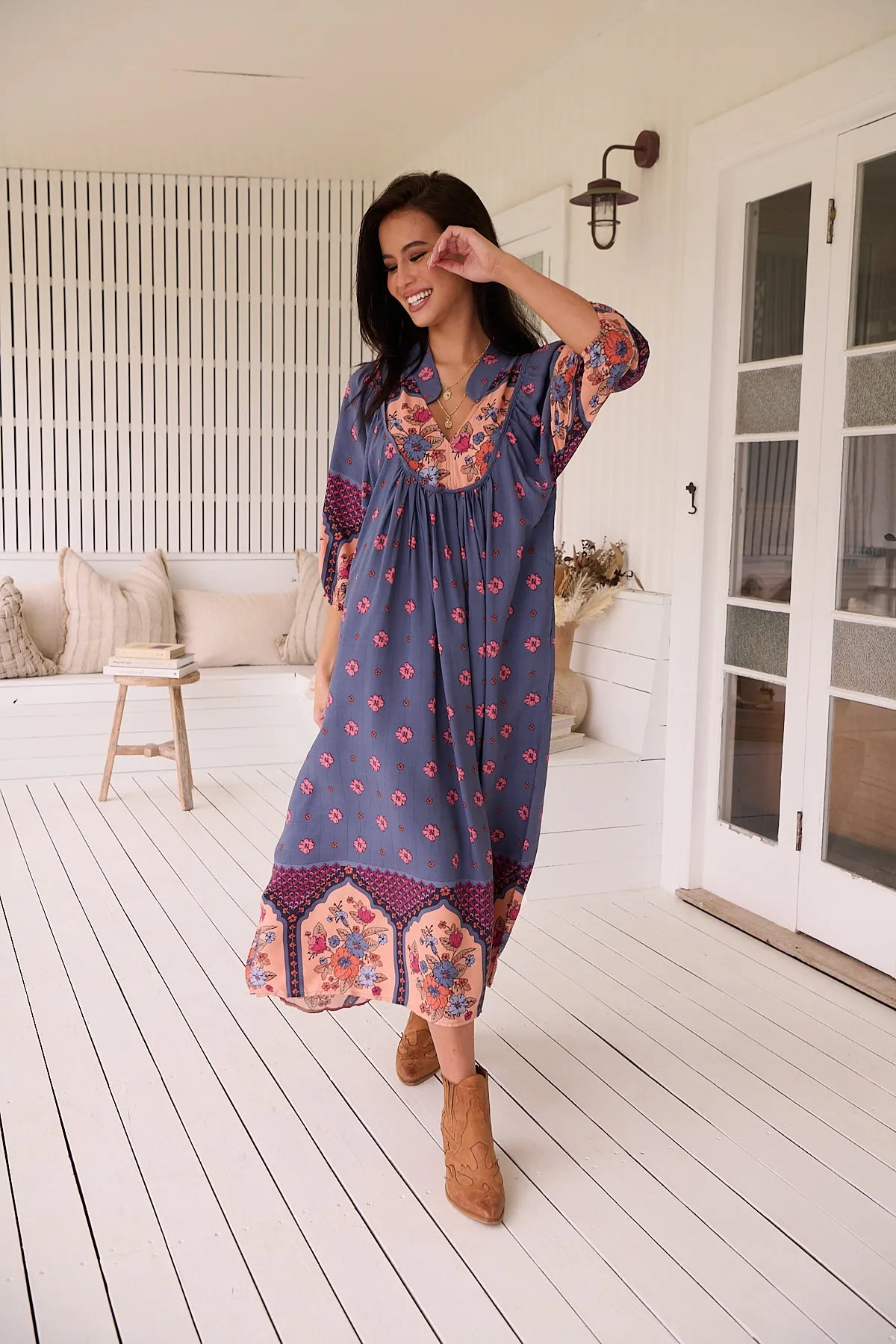 Jaase Boheme Midi Dress with Mandarin Collar V Neck Pockets - Laney