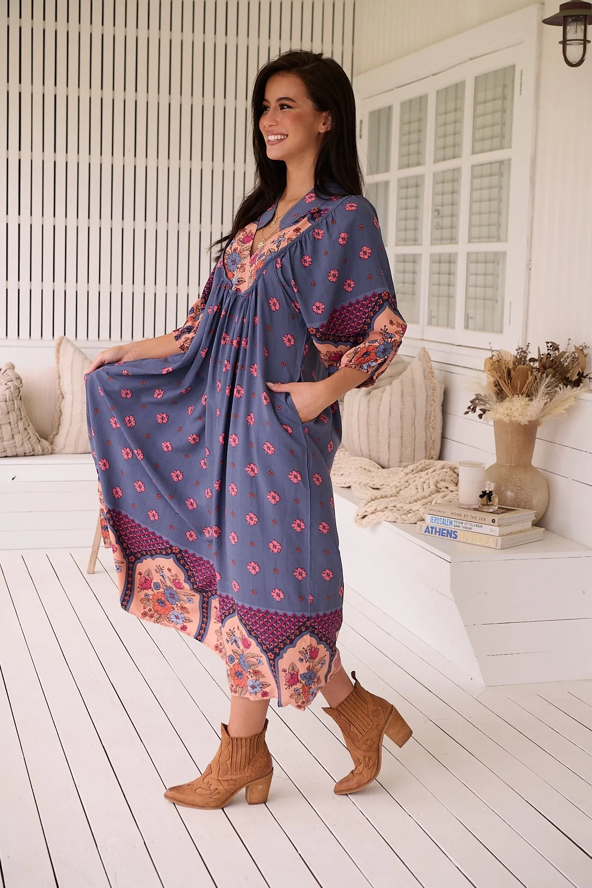 Jaase Boheme Midi Dress with Mandarin Collar V Neck Pockets - Laney