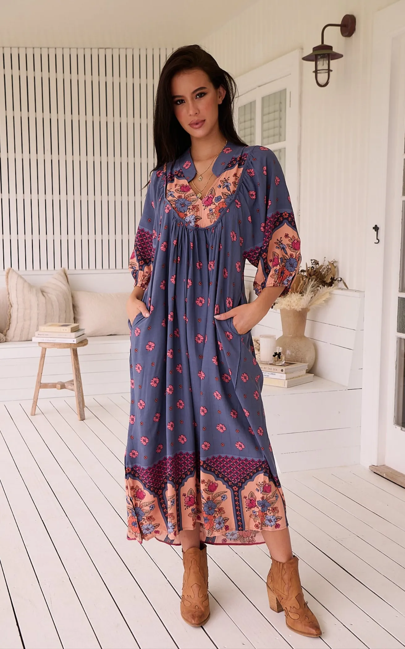 Jaase Boheme Midi Dress with Mandarin Collar V Neck Pockets - Laney