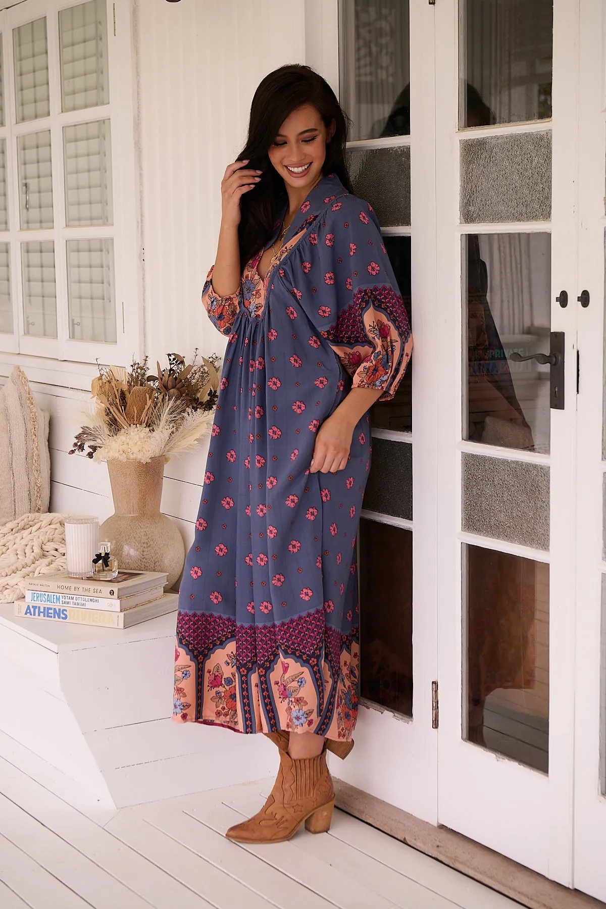 Jaase Boheme Midi Dress with Mandarin Collar V Neck Pockets - Laney