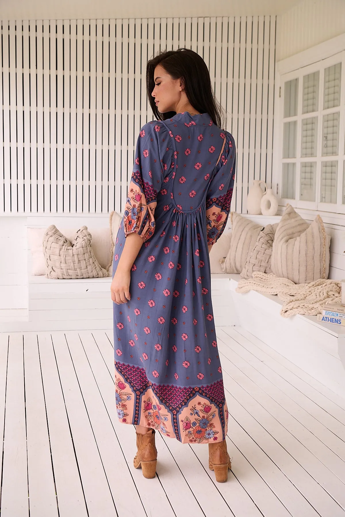 Jaase Boheme Midi Dress with Mandarin Collar V Neck Pockets - Laney