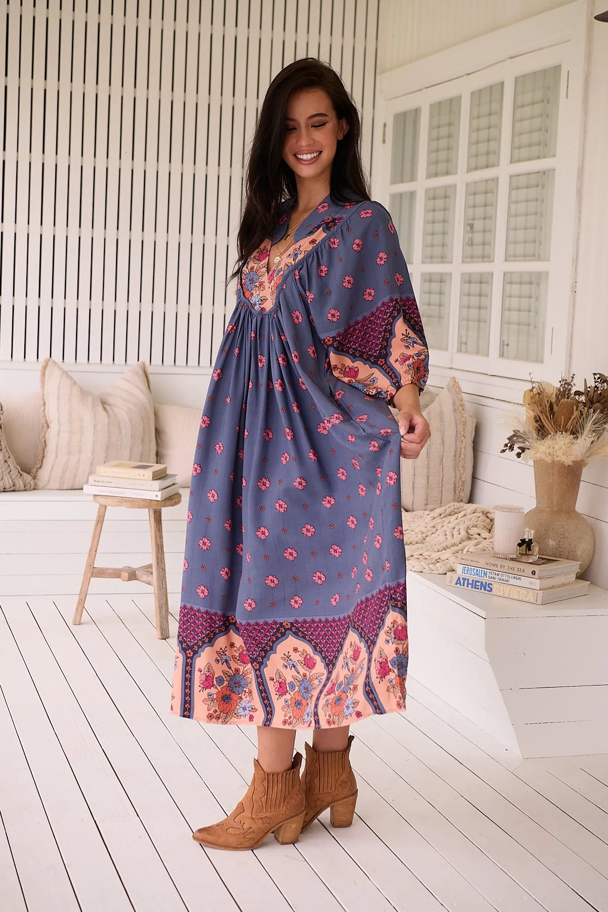 Jaase Boheme Midi Dress with Mandarin Collar V Neck Pockets - Laney