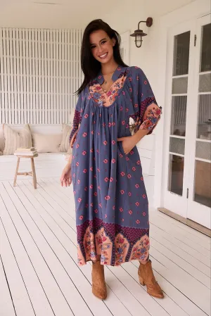 Jaase Boheme Midi Dress with Mandarin Collar V Neck Pockets - Laney