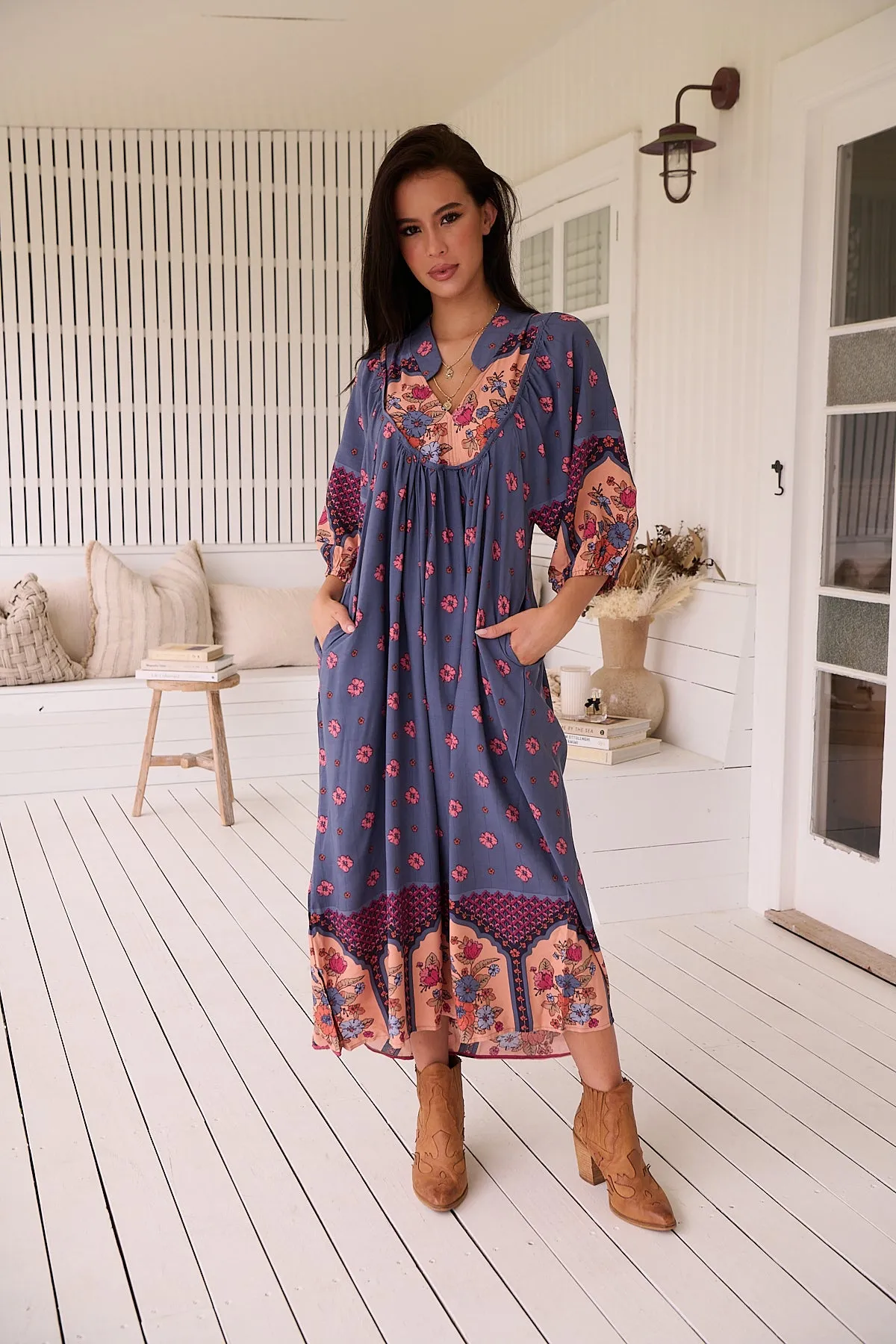 Jaase Boheme Midi Dress with Mandarin Collar V Neck Pockets - Laney