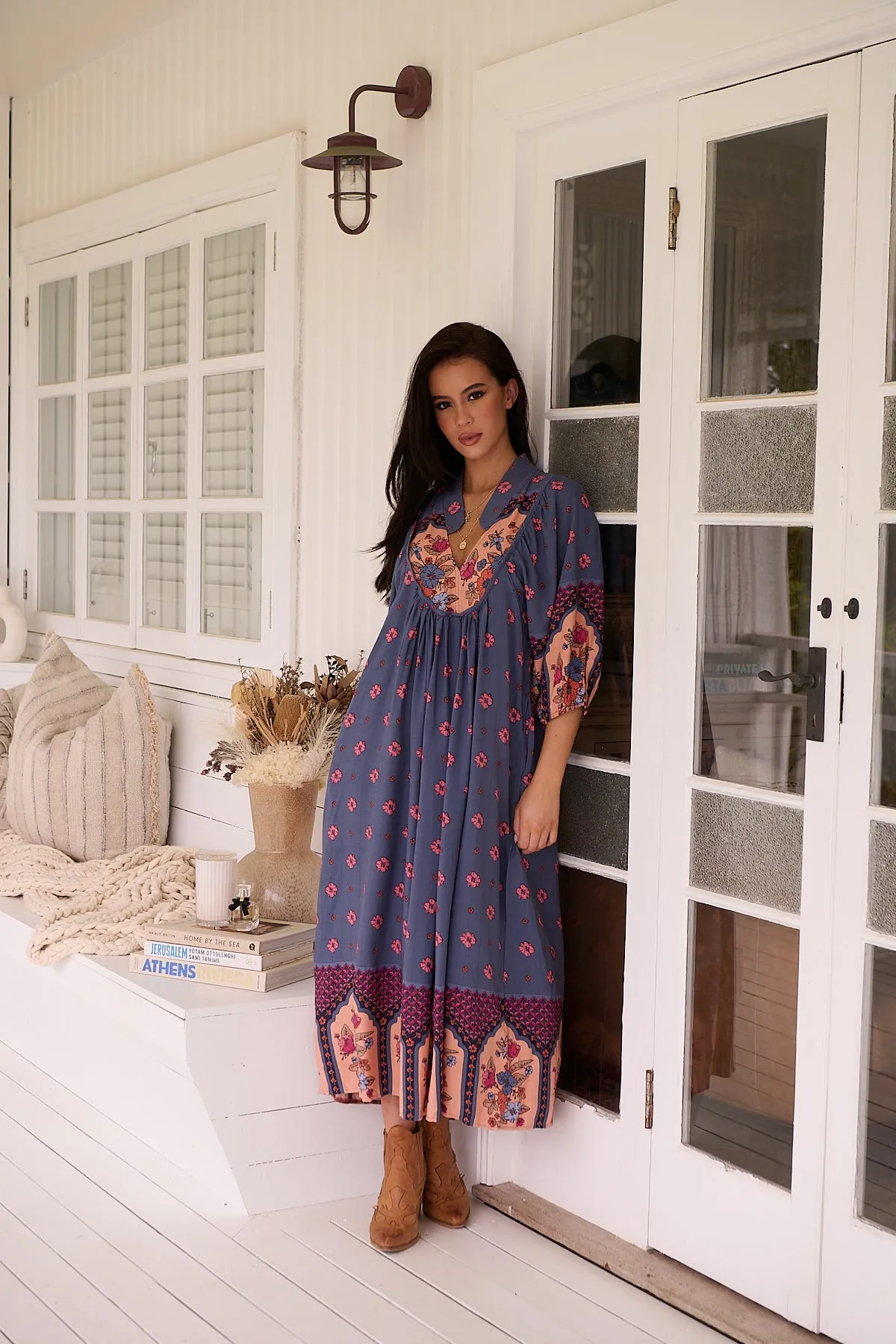 Jaase Boheme Midi Dress with Mandarin Collar V Neck Pockets - Laney