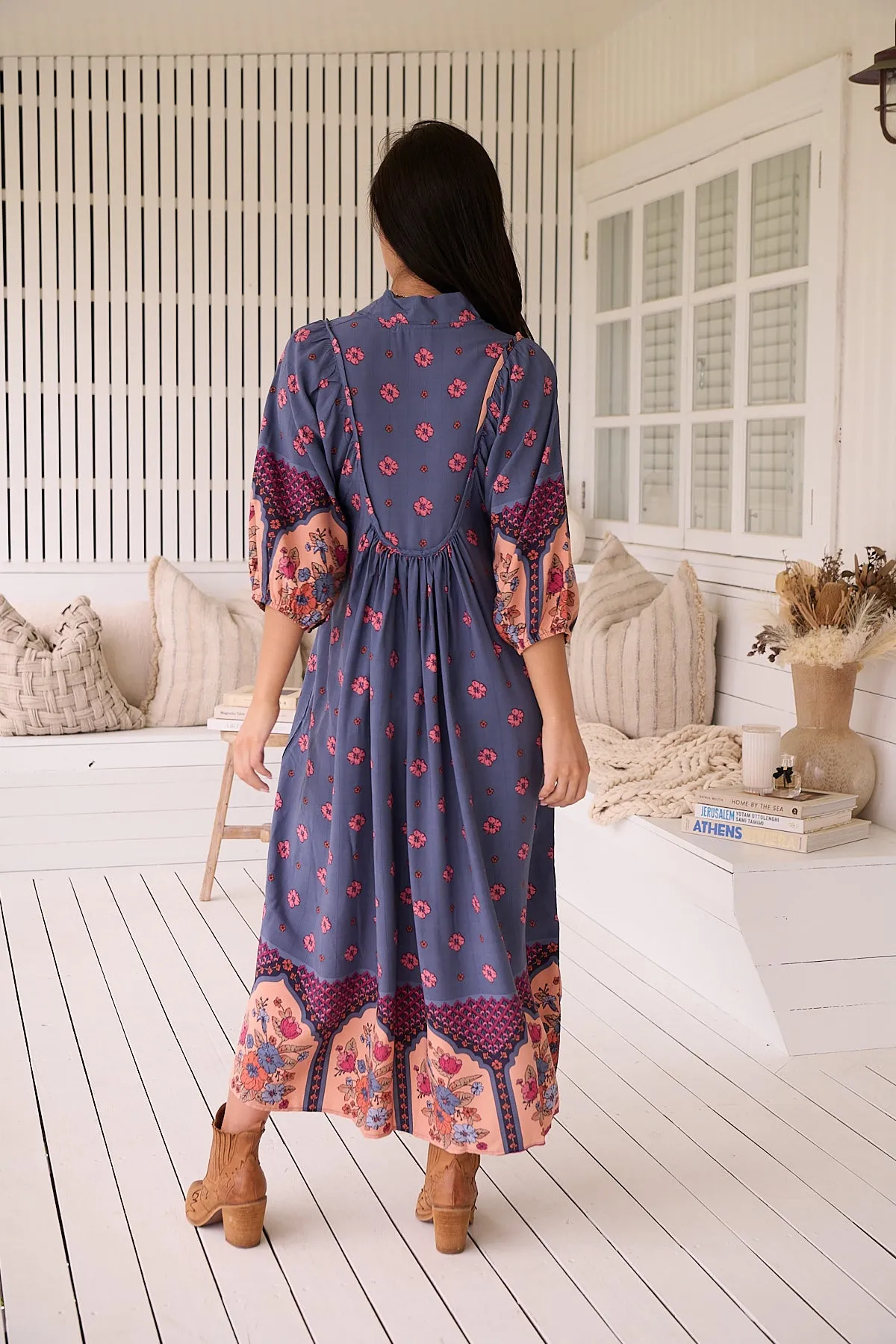 Jaase Boheme Midi Dress with Mandarin Collar V Neck Pockets - Laney